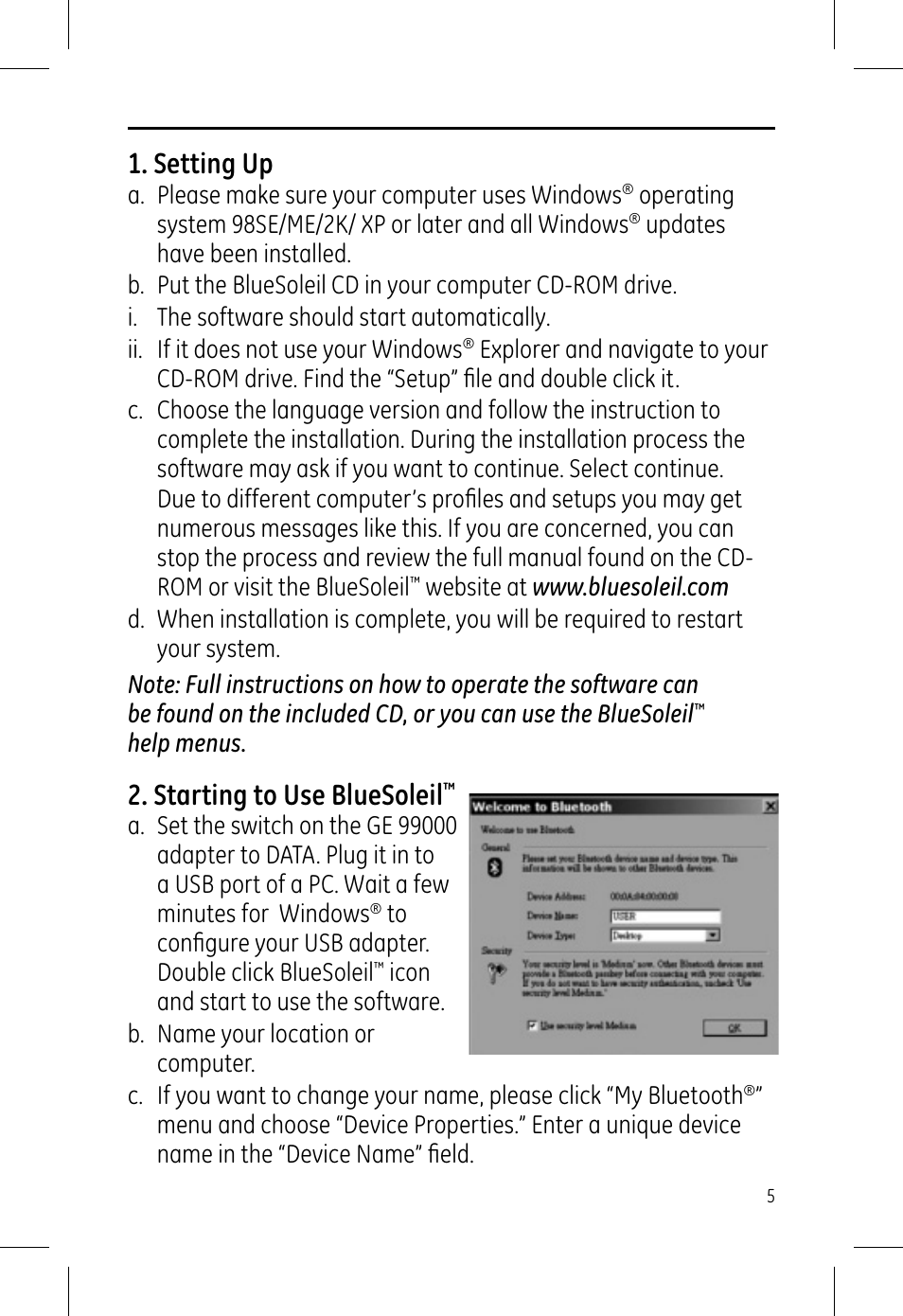 Setting up, Starting to use bluesoleil | GE 99000 GE Bluetooth USB Adapter Audio & Data User Manual | Page 5 / 12