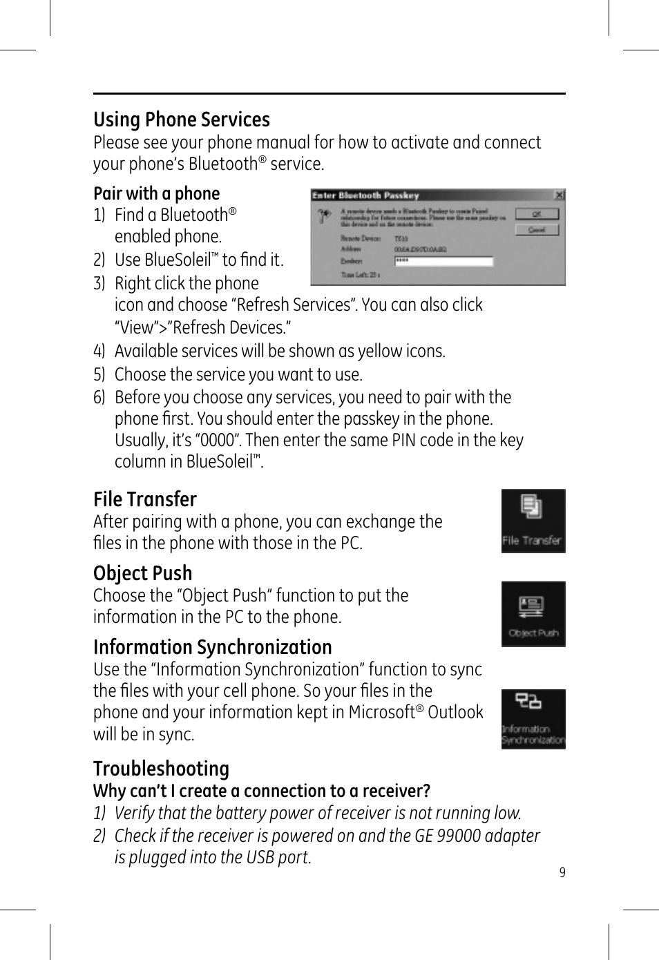 Using phone services, File transfer, Object push | Information synchronization, Troubleshooting | GE 99000 GE Bluetooth USB Adapter Audio & Data User Manual | Page 9 / 12