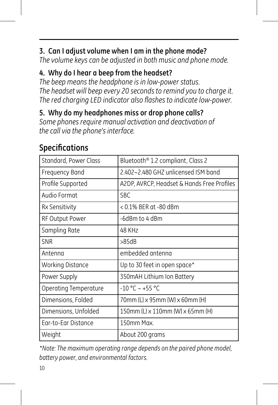 Speciﬁ cations | GE 99002 GE Bluetooth Stereo Headphones User Manual | Page 10 / 11