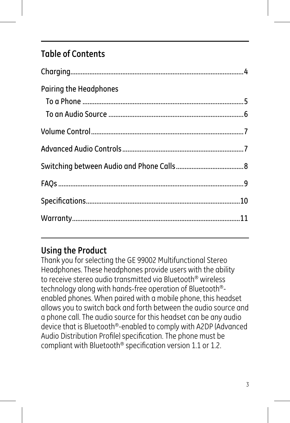 GE 99002 GE Bluetooth Stereo Headphones User Manual | Page 3 / 11