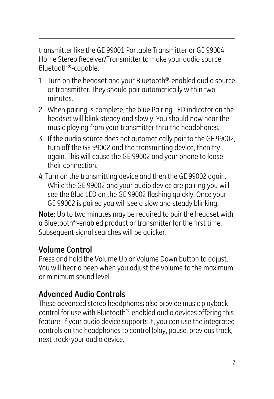 Volume control, Advanced audio controls | GE 99002 GE Bluetooth Stereo Headphones User Manual | Page 7 / 11