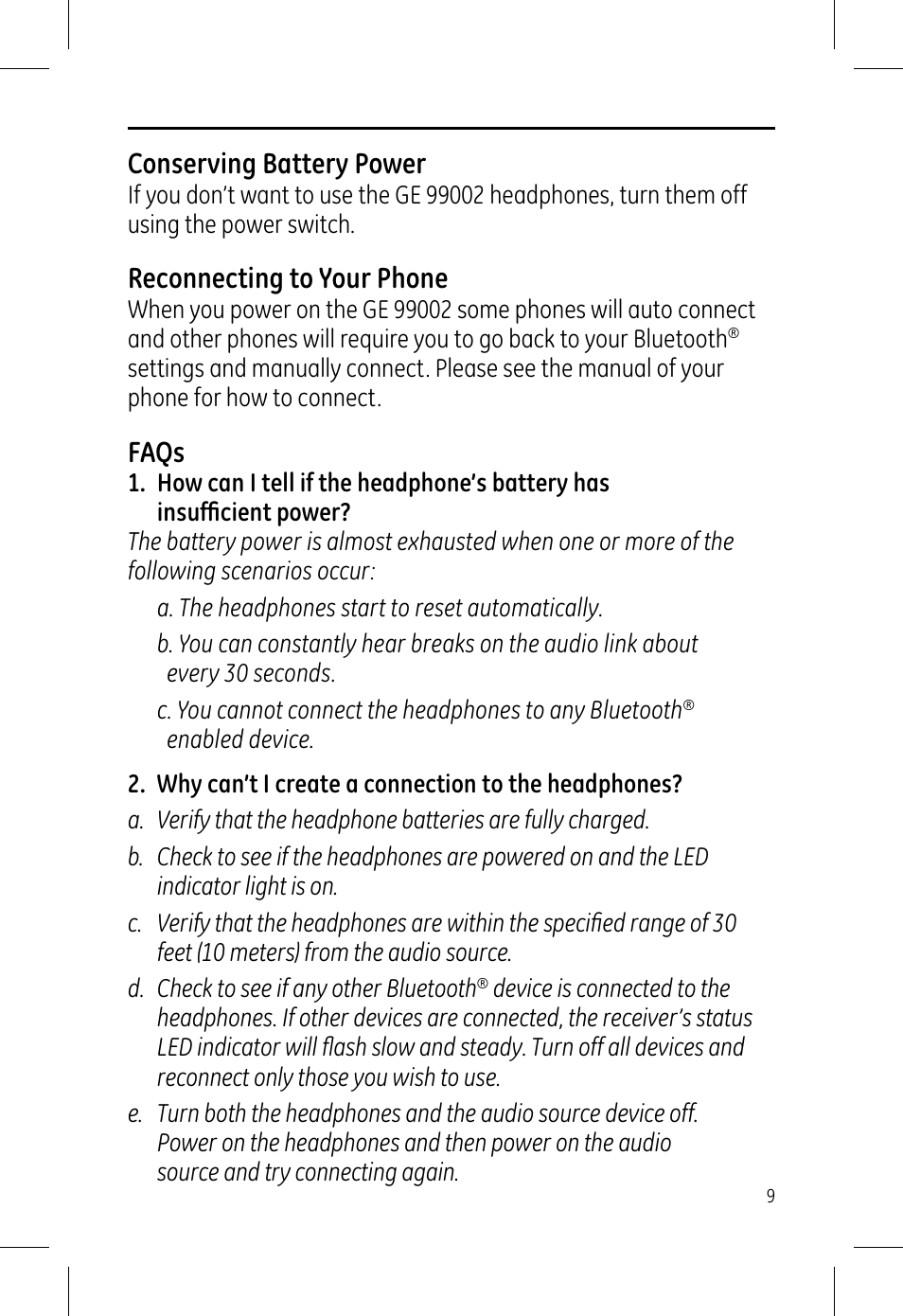 Conserving battery power, Reconnecting to your phone, Faqs | GE 99002 GE Bluetooth Stereo Headphones User Manual | Page 9 / 11