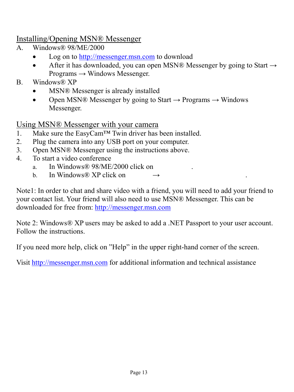 Msn® messenger | GE 98068 GE Easycam Twin User Manual | Page 13 / 16