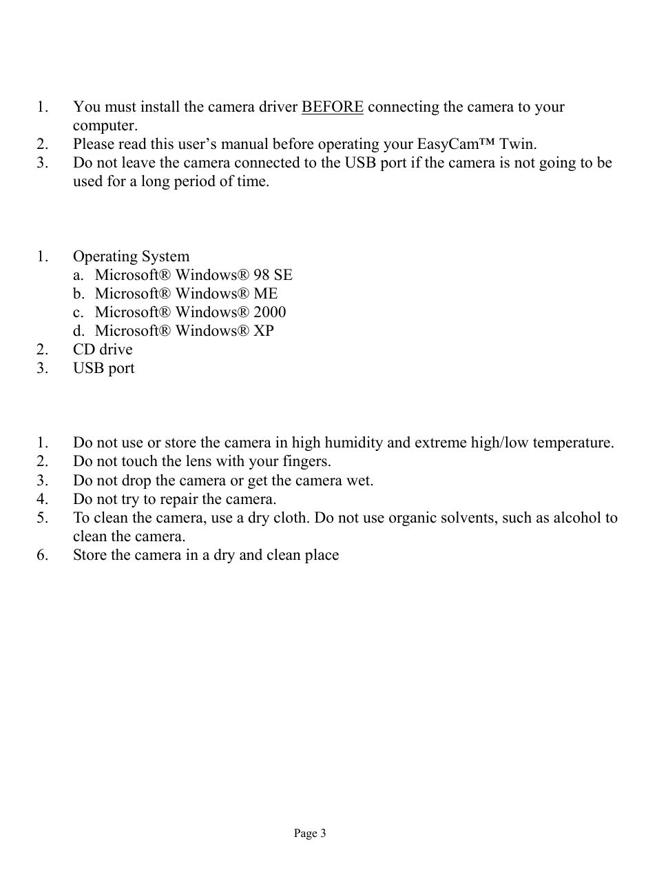 Cautions, System requirements, Maintenance care and storage | GE 98068 GE Easycam Twin User Manual | Page 3 / 16