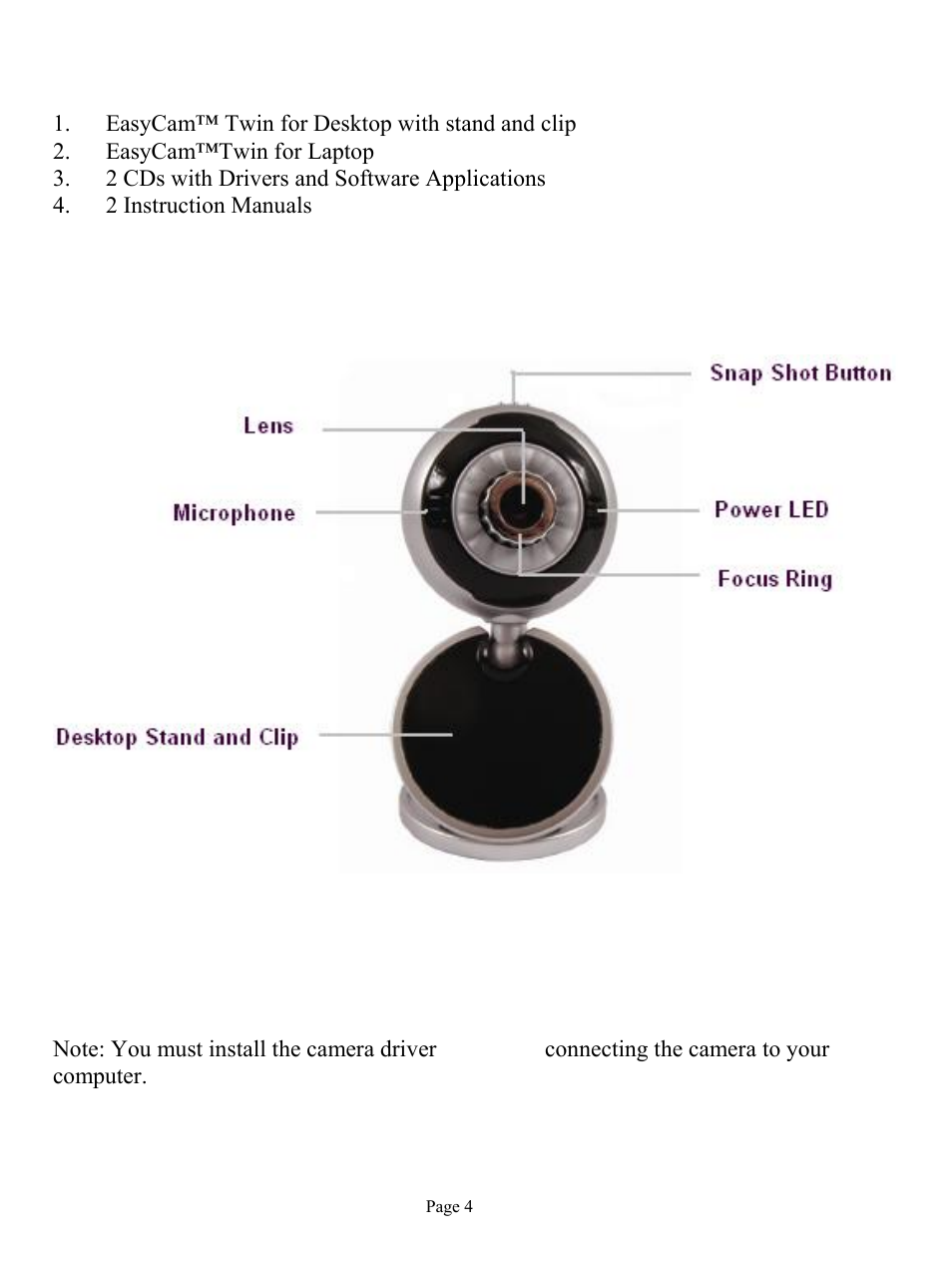 Camera contents, Getting to know your easycam™ twin for laptop | GE 98068 GE Easycam Twin User Manual | Page 4 / 16