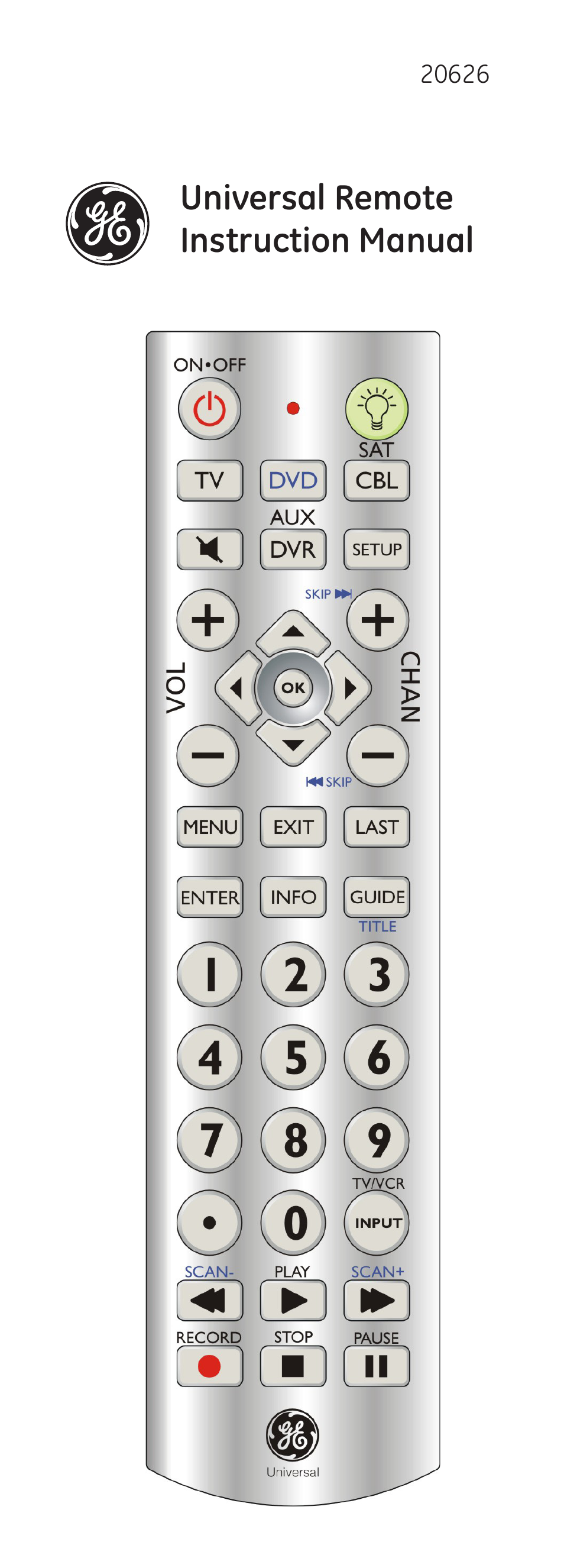 GE 20626 GE Universal Remote User Manual | 15 pages