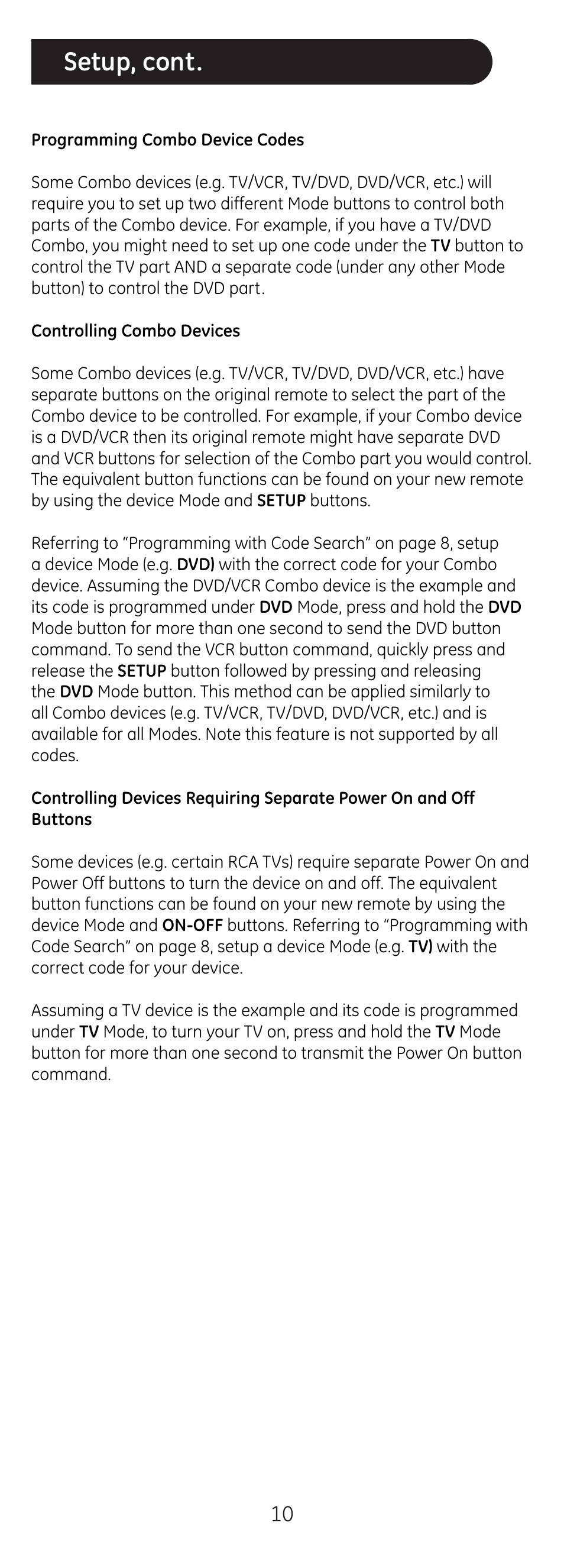 Setup, cont | GE 20626 GE Universal Remote User Manual | Page 10 / 15