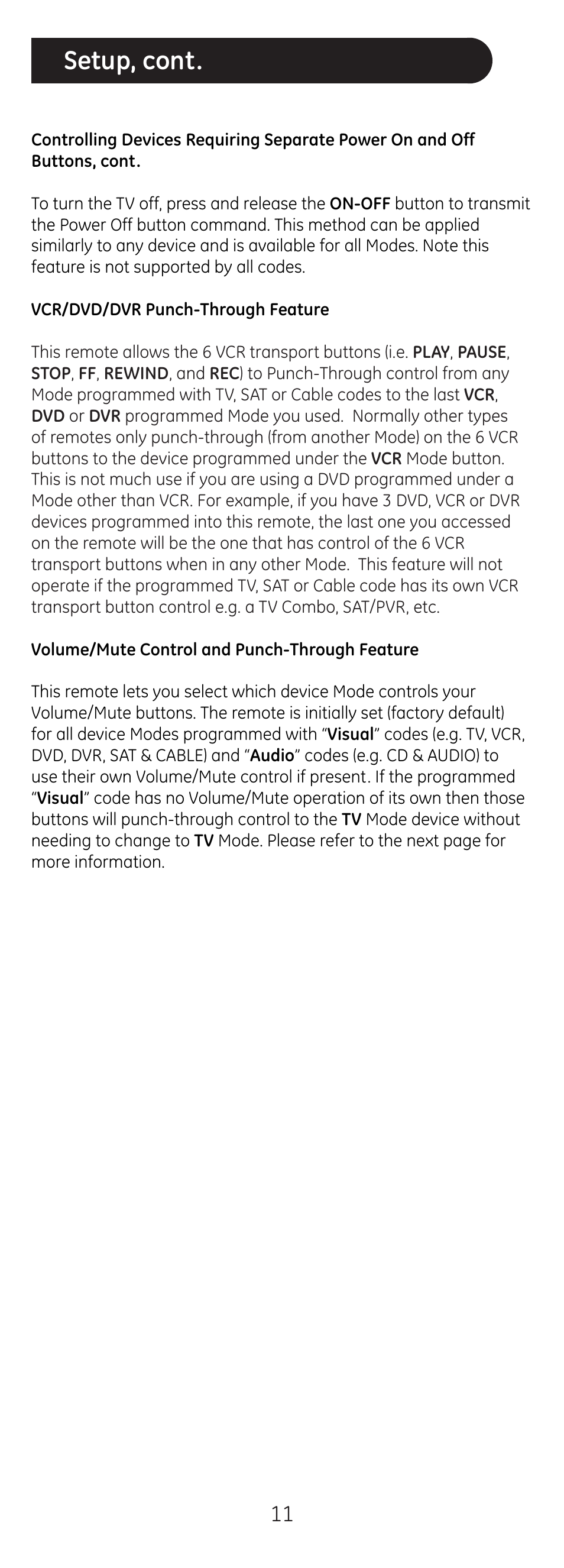 Setup, cont | GE 20626 GE Universal Remote User Manual | Page 11 / 15