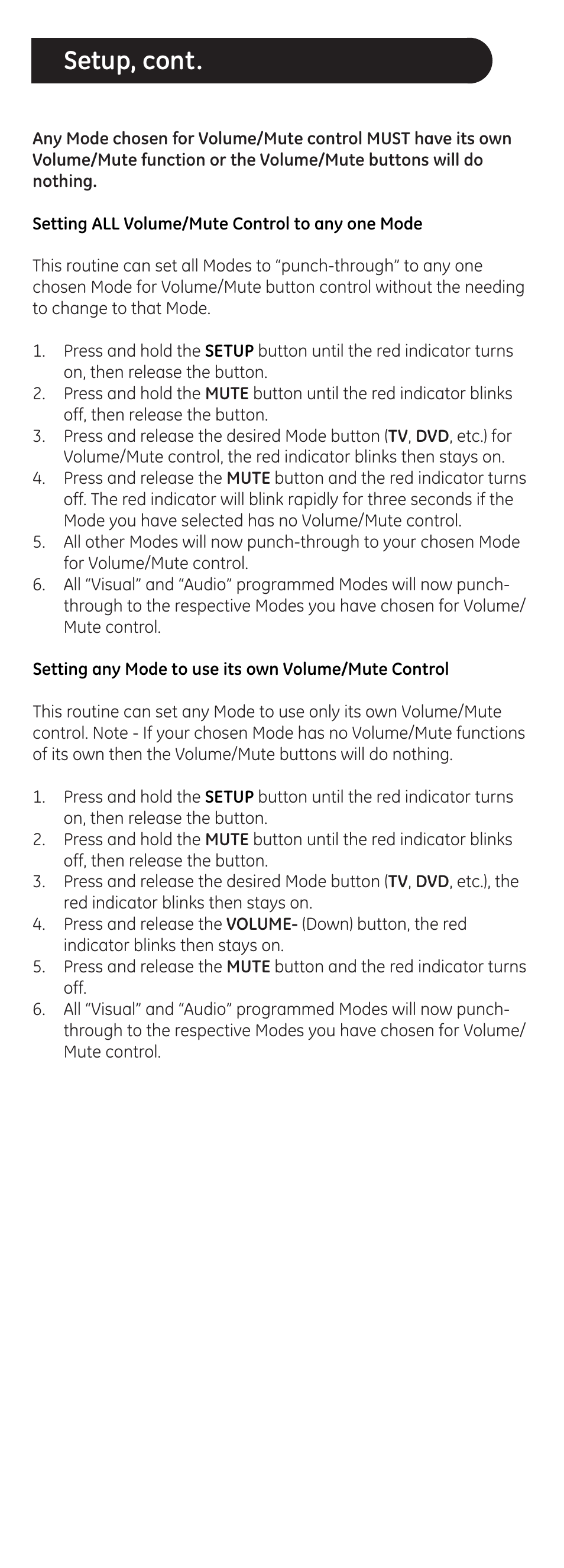 Setup, cont | GE 20626 GE Universal Remote User Manual | Page 12 / 15