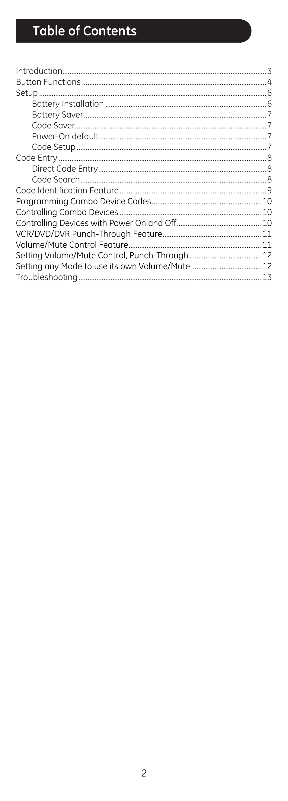GE 20626 GE Universal Remote User Manual | Page 2 / 15