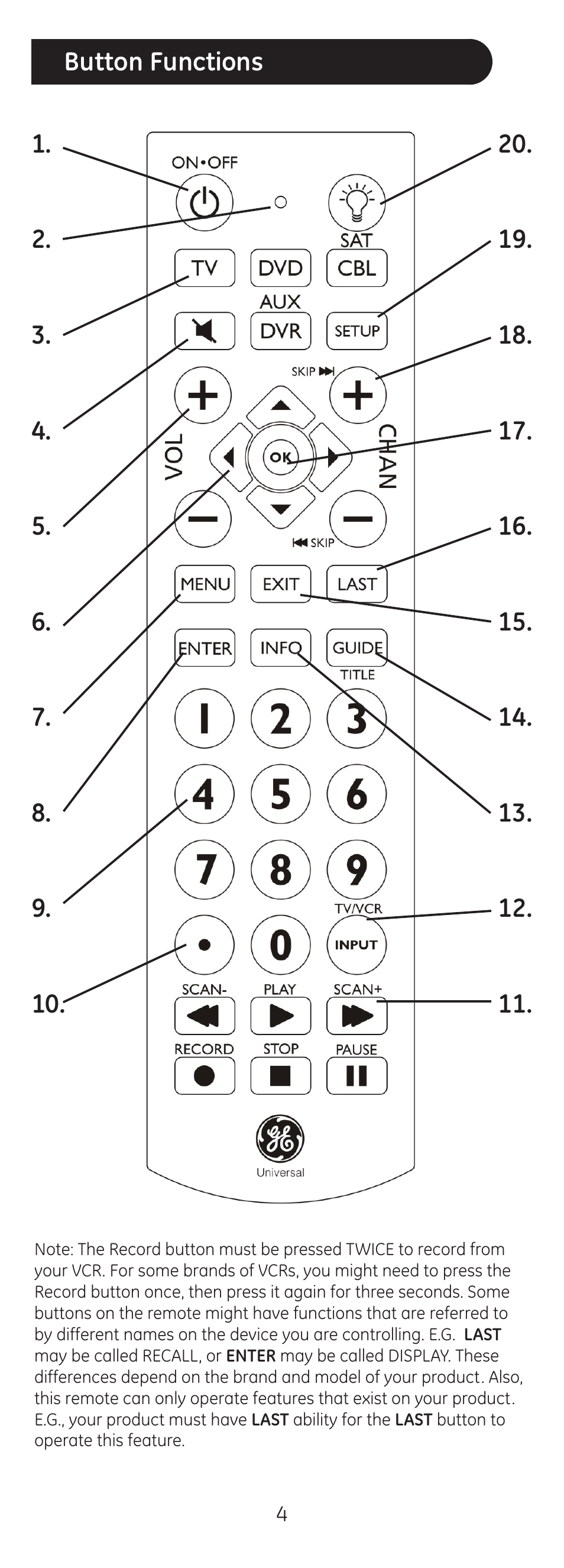 GE 20626 GE Universal Remote User Manual | Page 4 / 15