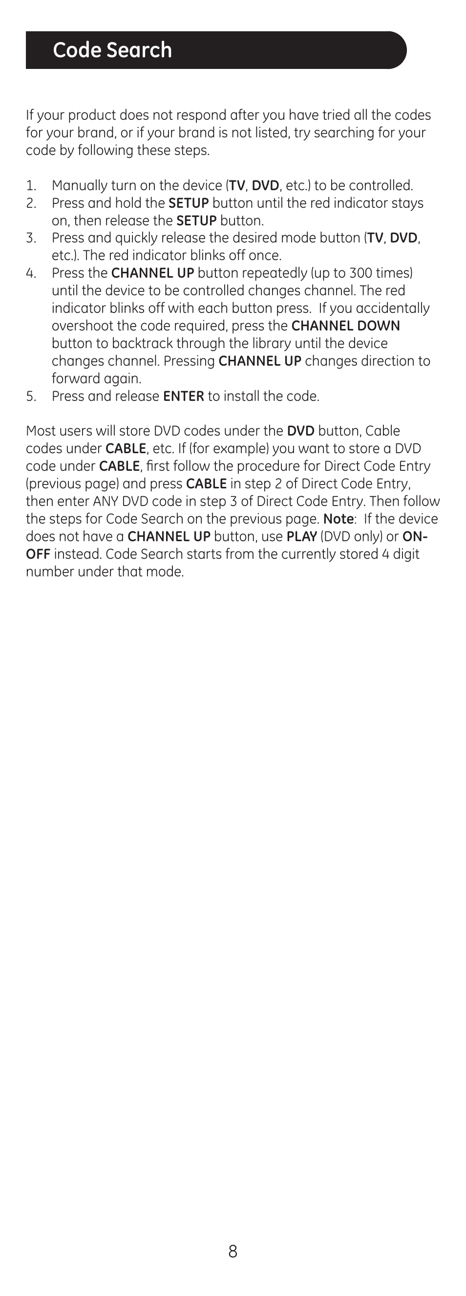 Code search | GE 20626 GE Universal Remote User Manual | Page 8 / 15