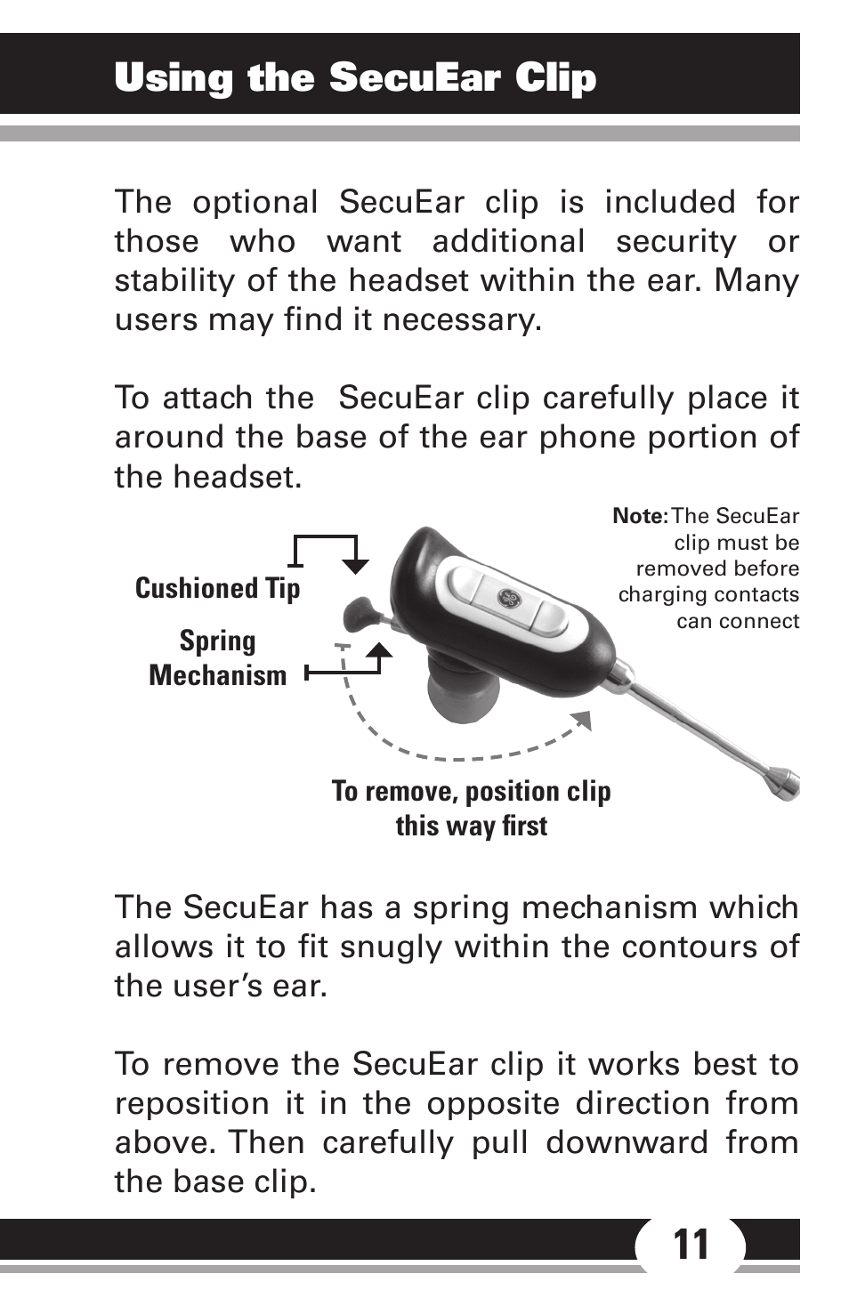 Using the secuear clip | GE Sport Headset 86711 User Manual | Page 11 / 23