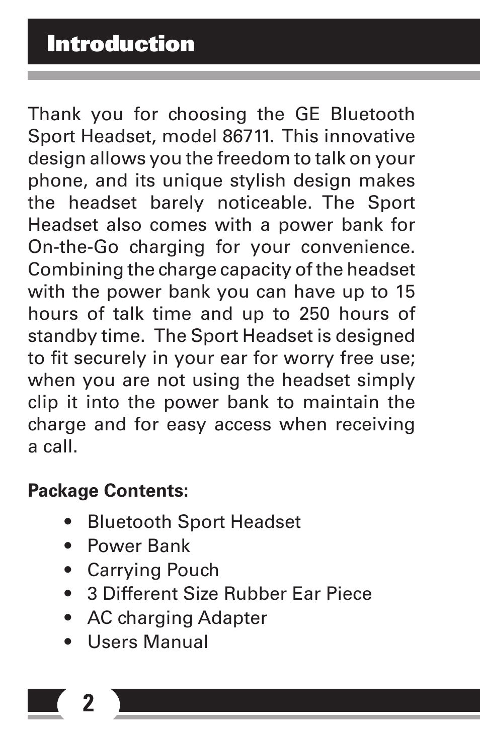 GE Sport Headset 86711 User Manual | Page 2 / 23