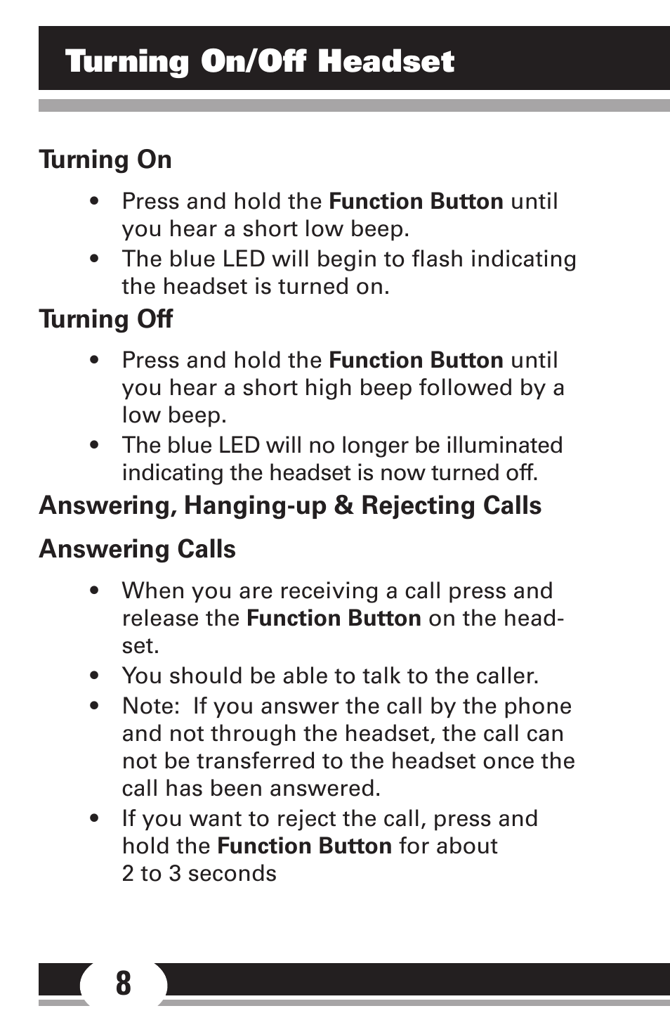 Turning on/off headset | GE Sport Headset 86711 User Manual | Page 8 / 23