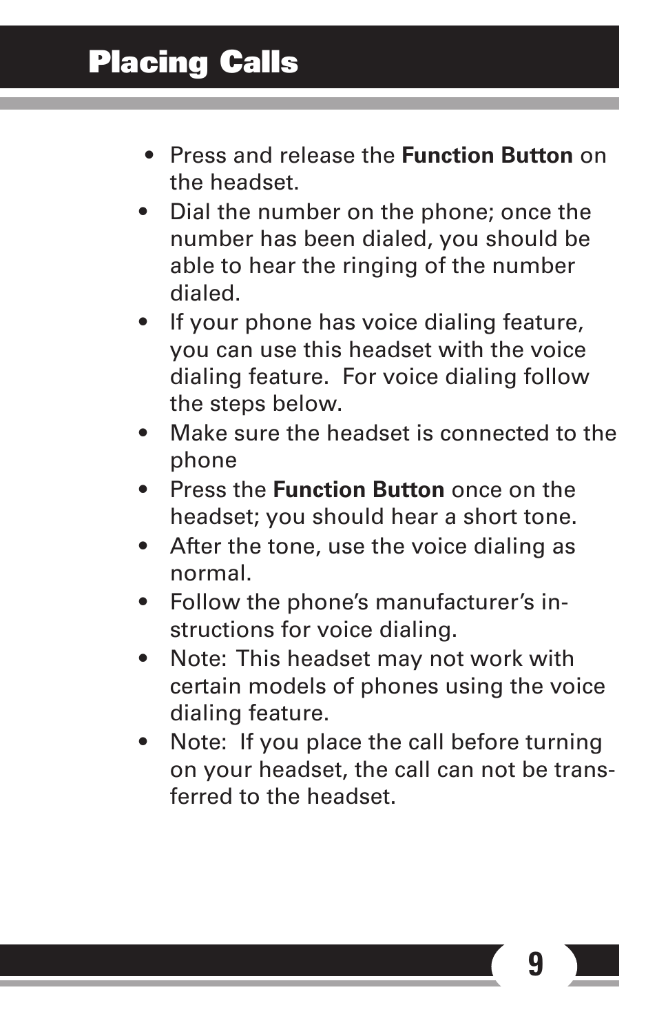 Placing calls | GE Sport Headset 86711 User Manual | Page 9 / 23