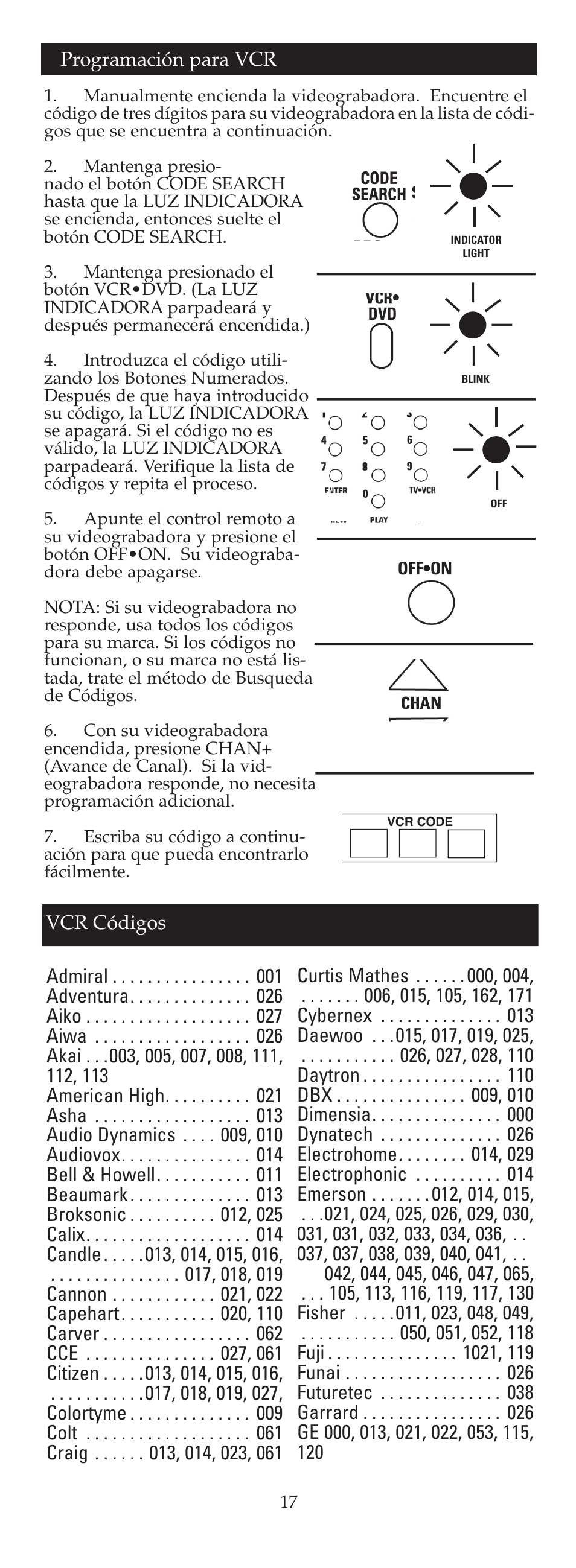 Programación para vcr | GE 24908 GE Universal Remote User Manual | Page 17 / 25