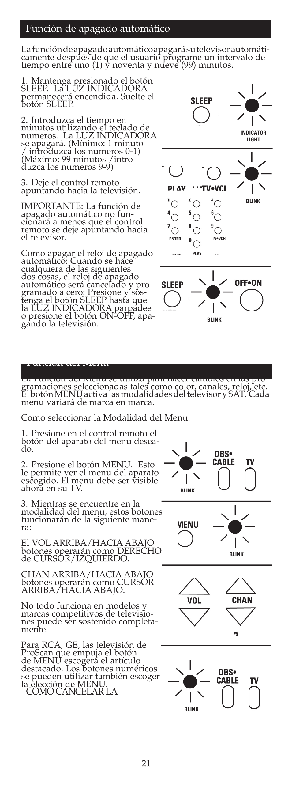 Función del menu, Como cancelar la función de apagado automático | GE 24908 GE Universal Remote User Manual | Page 21 / 25