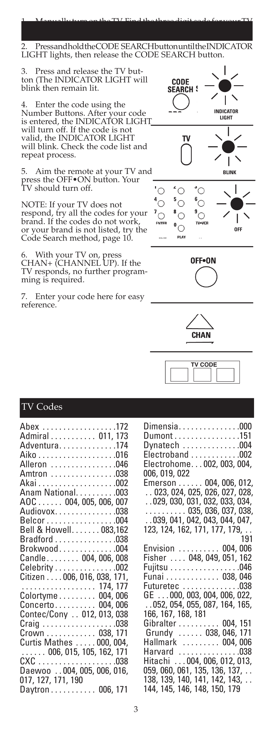 Tv code list | GE 24908 GE Universal Remote User Manual | Page 3 / 25