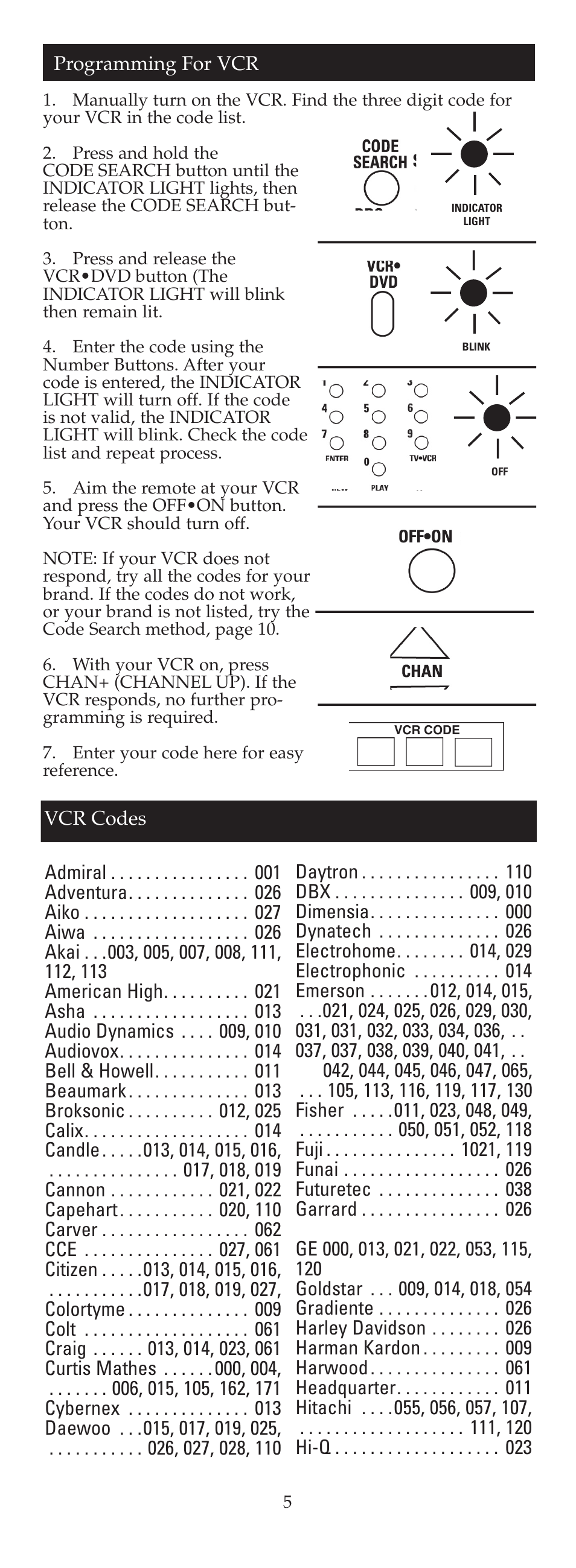 Programming for vcr | GE 24908 GE Universal Remote User Manual | Page 5 / 25