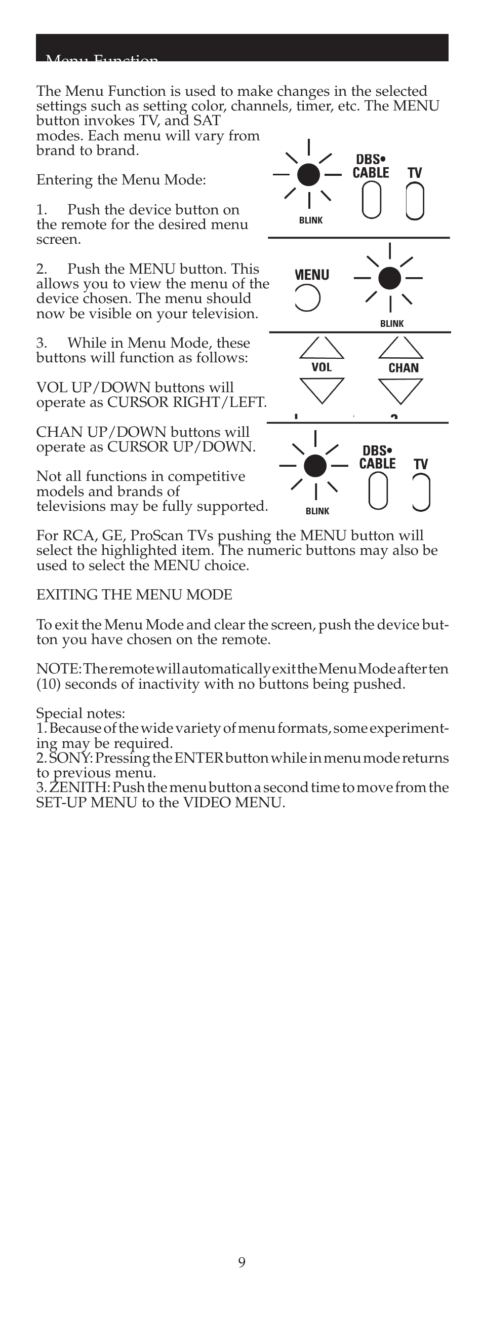 Menu function | GE 24908 GE Universal Remote User Manual | Page 9 / 25