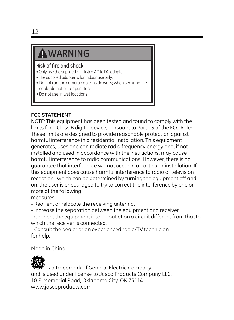 Warning | GE 45231 GE Home Monitoring Wired Color Camera with Night Vision User Manual | Page 12 / 12