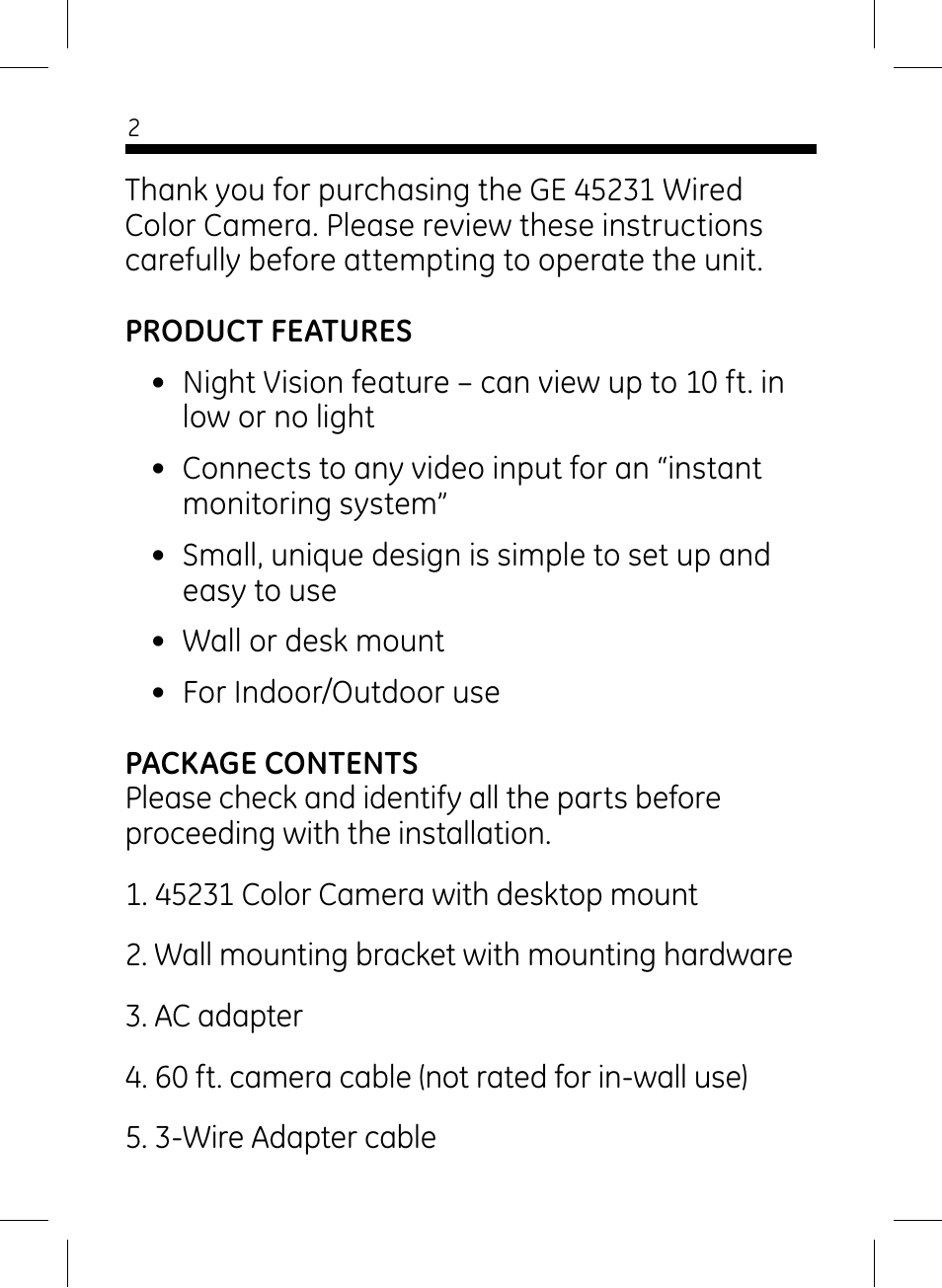 GE 45231 GE Home Monitoring Wired Color Camera with Night Vision User Manual | Page 2 / 12