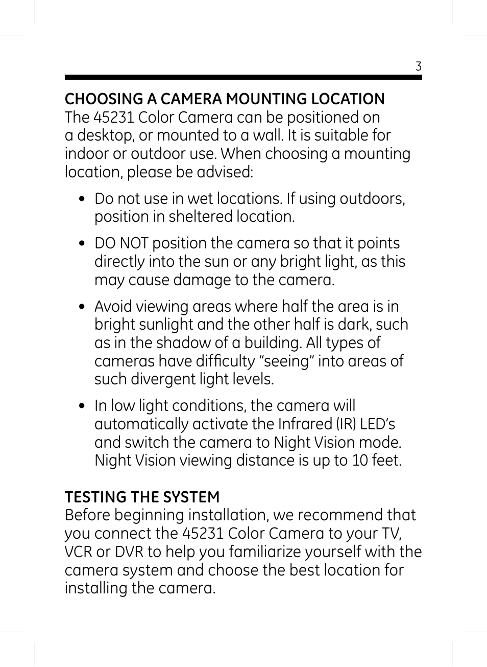 GE 45231 GE Home Monitoring Wired Color Camera with Night Vision User Manual | Page 3 / 12