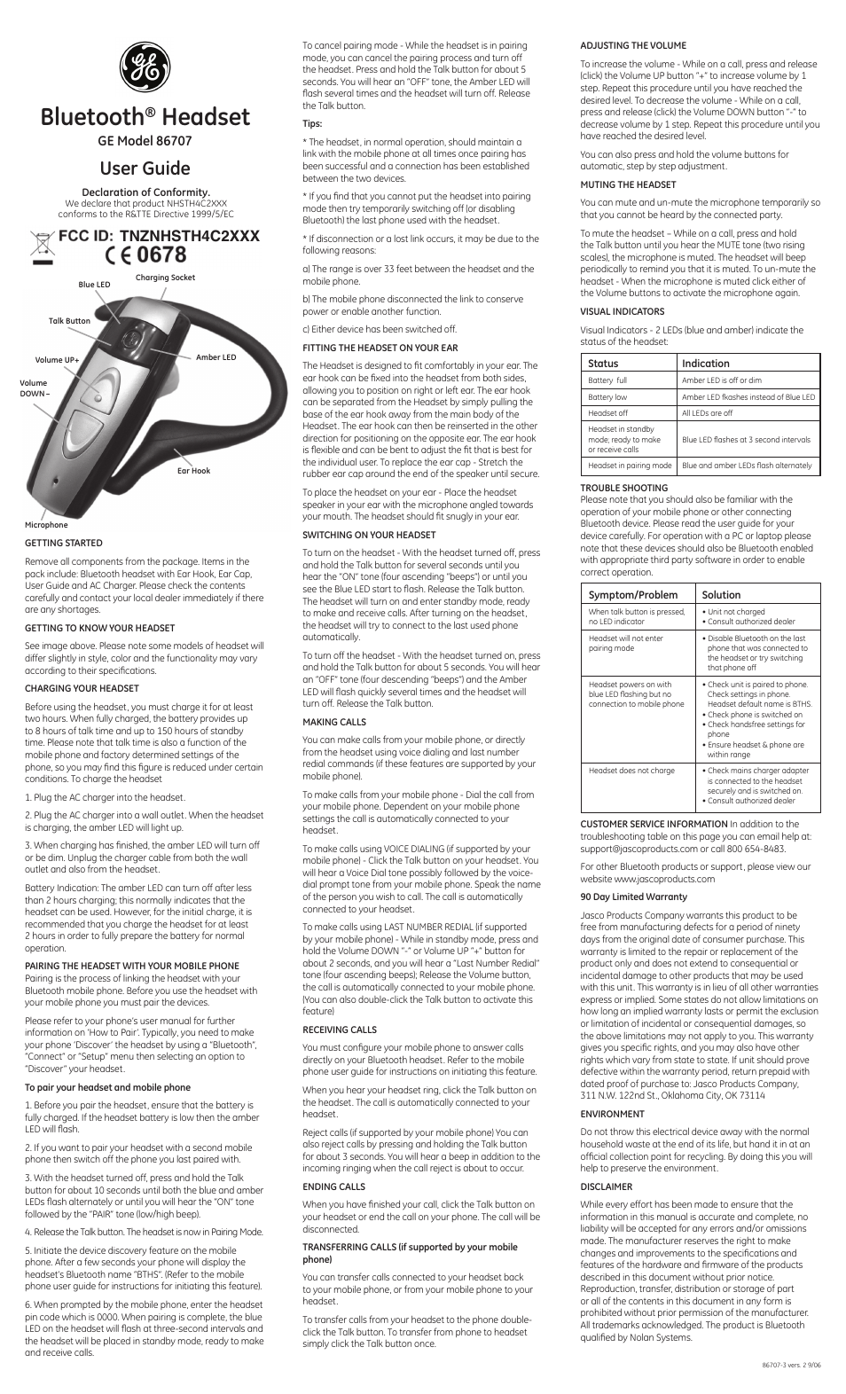 GE 86707 GE Bluetooth Headset In Ear Style User Manual | 2 pages