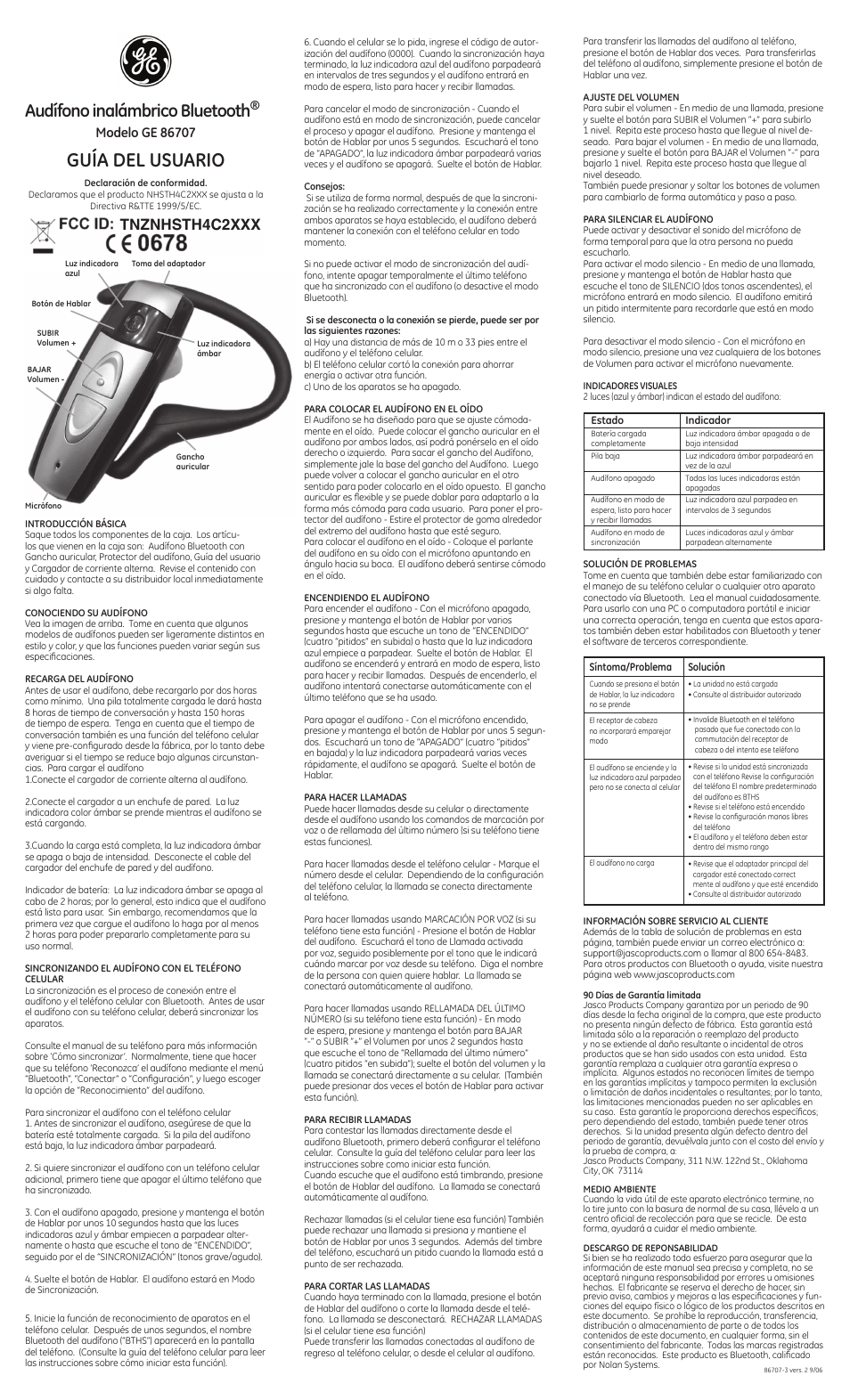 Guía del usuario, Audífono inalámbrico bluetooth, Tnznhsth4c2xxx | GE 86707 GE Bluetooth Headset In Ear Style User Manual | Page 2 / 2