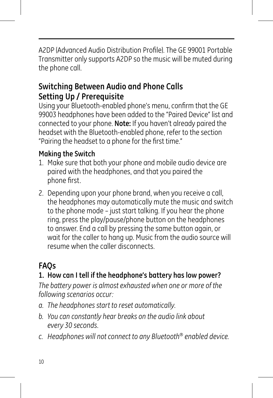 Faqs | GE 99003 GE Bluetooth Advanced Stereo Headphone User Manual | Page 10 / 12