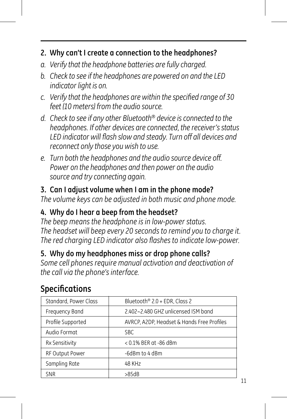 Speciﬁ cations | GE 99003 GE Bluetooth Advanced Stereo Headphone User Manual | Page 11 / 12