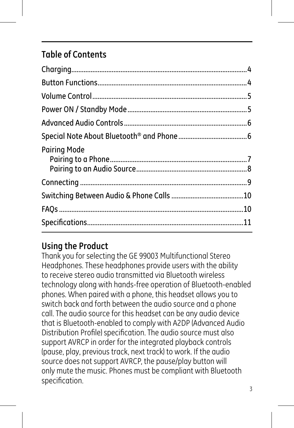 GE 99003 GE Bluetooth Advanced Stereo Headphone User Manual | Page 3 / 12