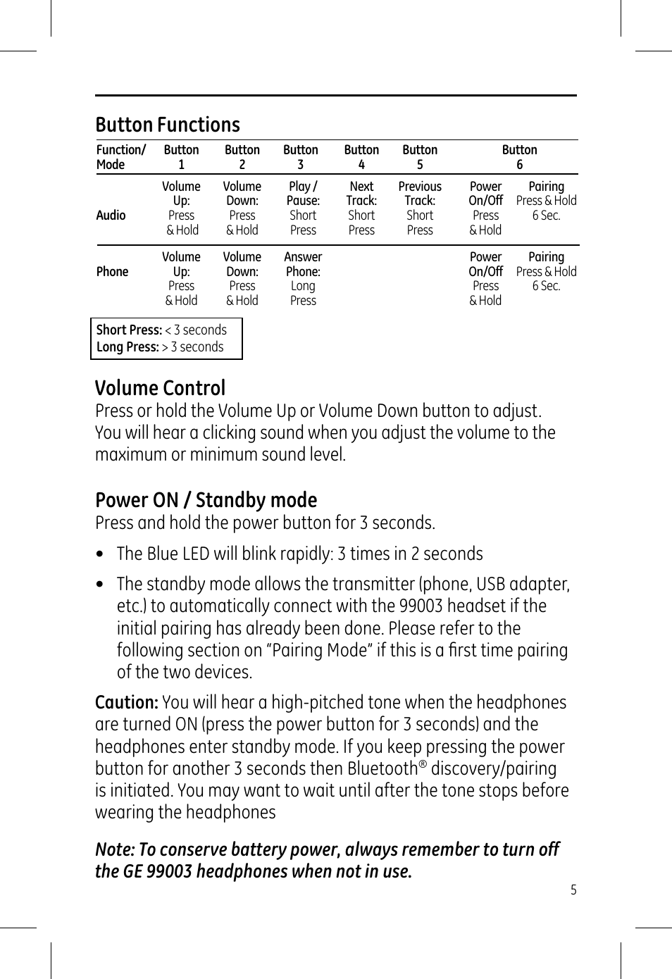 Volume control, Power on / standby mode, Button functions | GE 99003 GE Bluetooth Advanced Stereo Headphone User Manual | Page 5 / 12