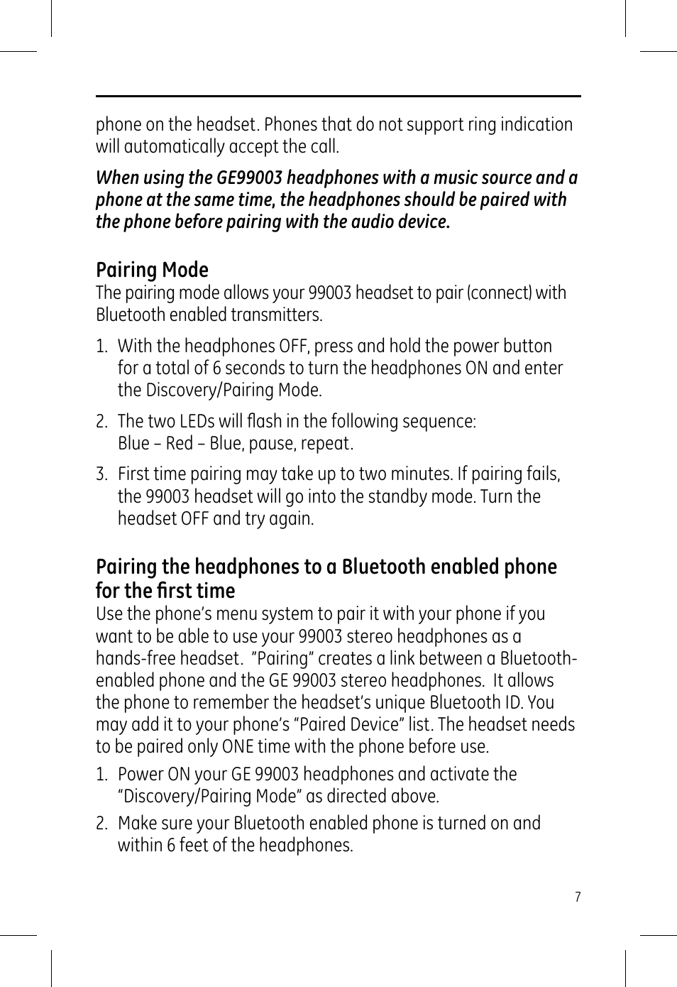 GE 99003 GE Bluetooth Advanced Stereo Headphone User Manual | Page 7 / 12