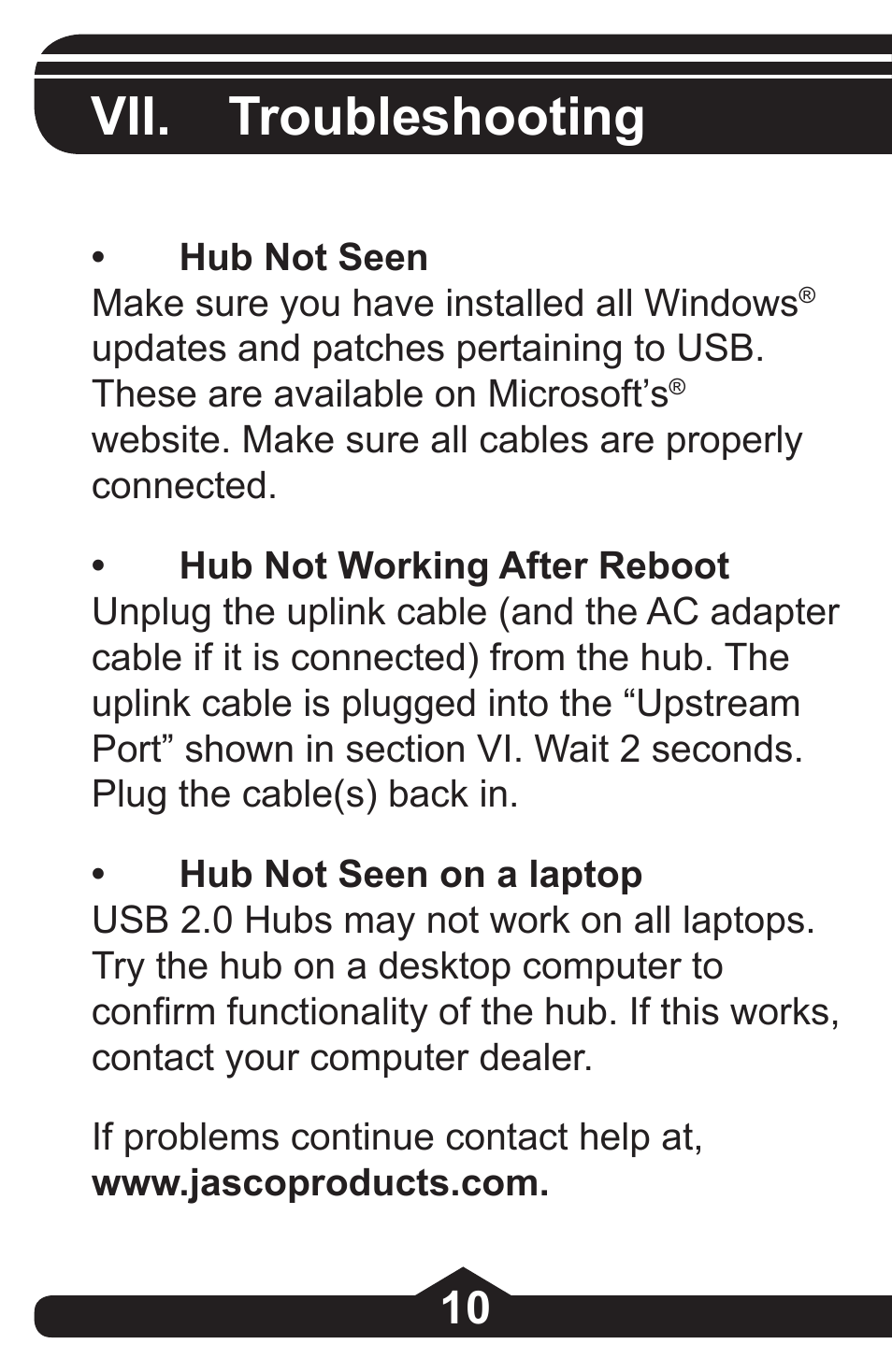 Vii. troubleshooting | GE 97844 GE 4-Port Rotating USB 2.0 Hub Black User Manual | Page 10 / 28