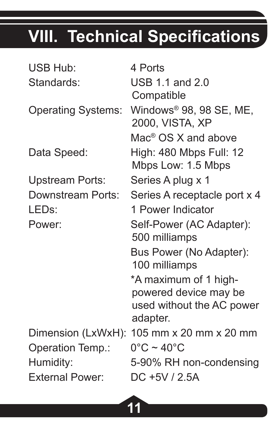 Viii. technical specifications | GE 97844 GE 4-Port Rotating USB 2.0 Hub Black User Manual | Page 11 / 28