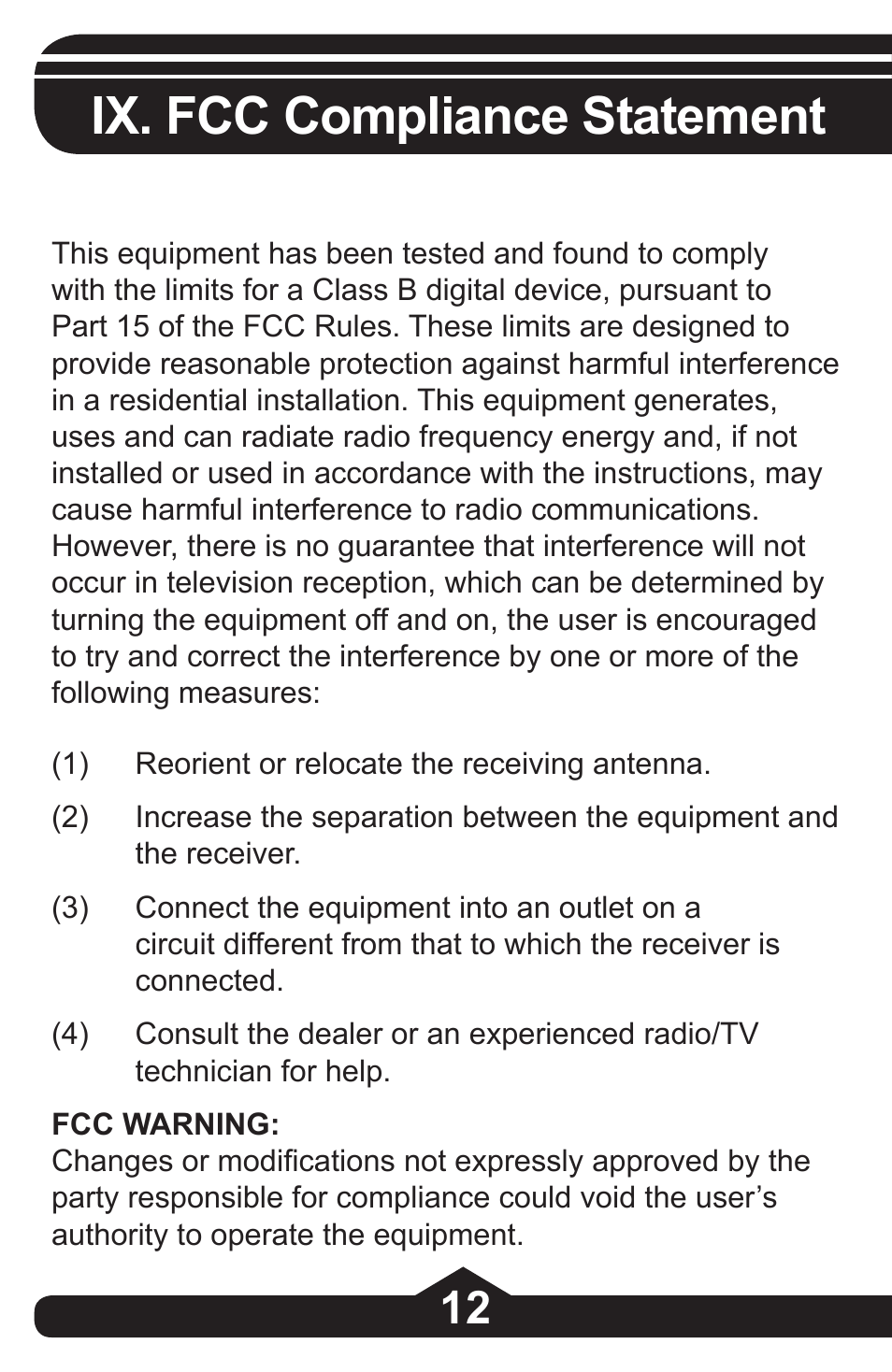 Ix. fcc compliance statement | GE 97844 GE 4-Port Rotating USB 2.0 Hub Black User Manual | Page 12 / 28