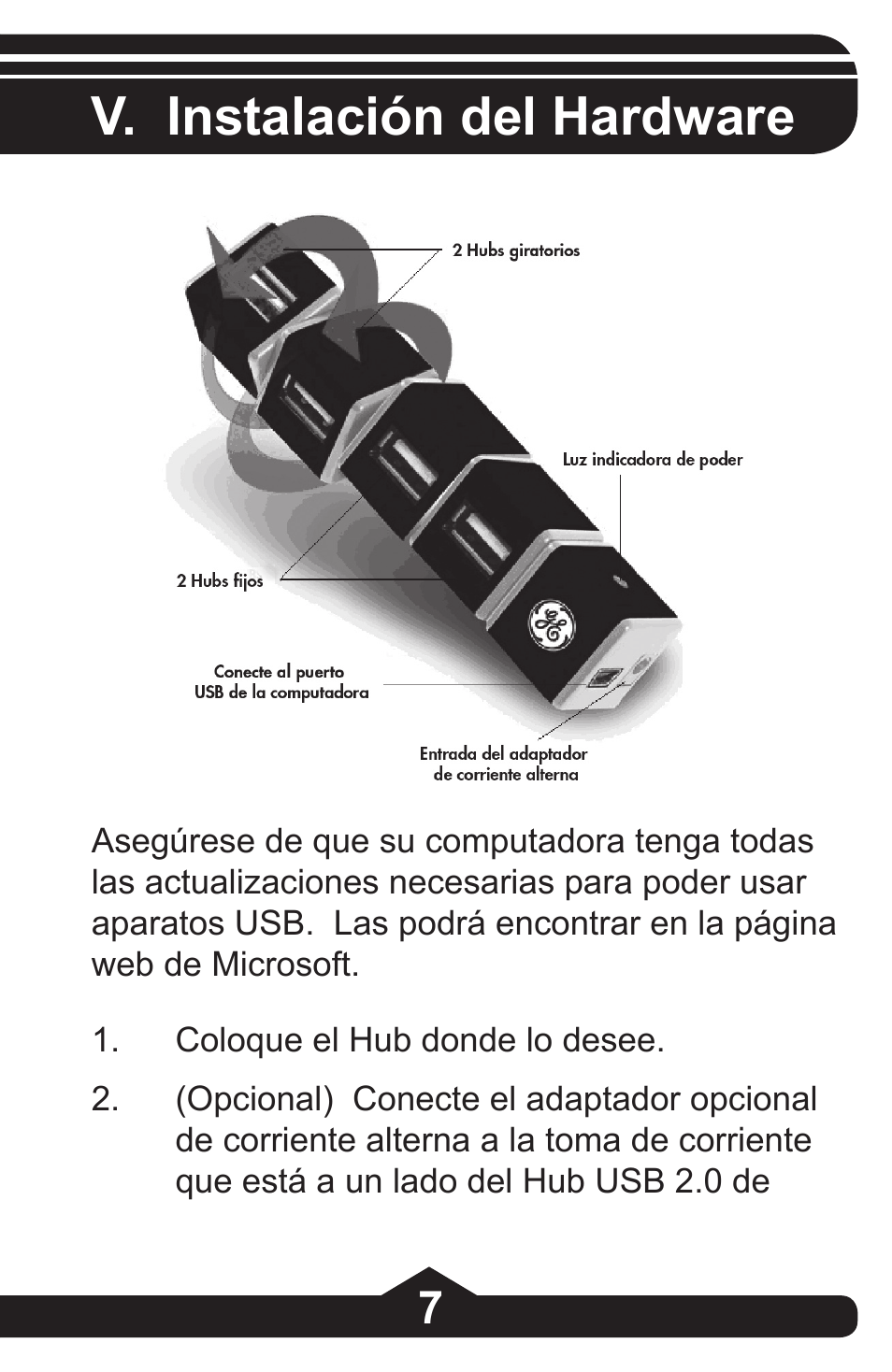 V. instalación del hardware | GE 97844 GE 4-Port Rotating USB 2.0 Hub Black User Manual | Page 21 / 28