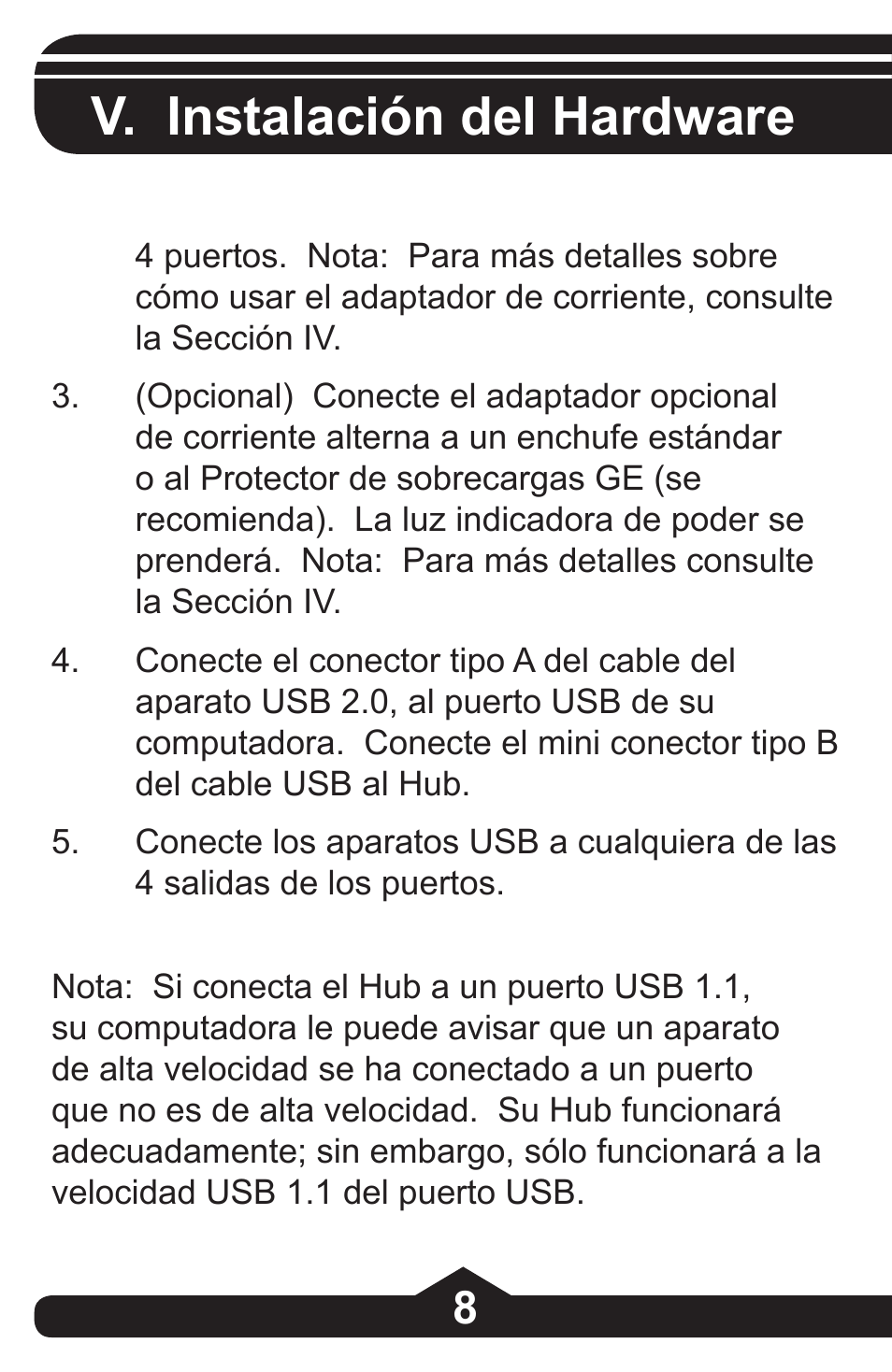 V. instalación del hardware | GE 97844 GE 4-Port Rotating USB 2.0 Hub Black User Manual | Page 22 / 28
