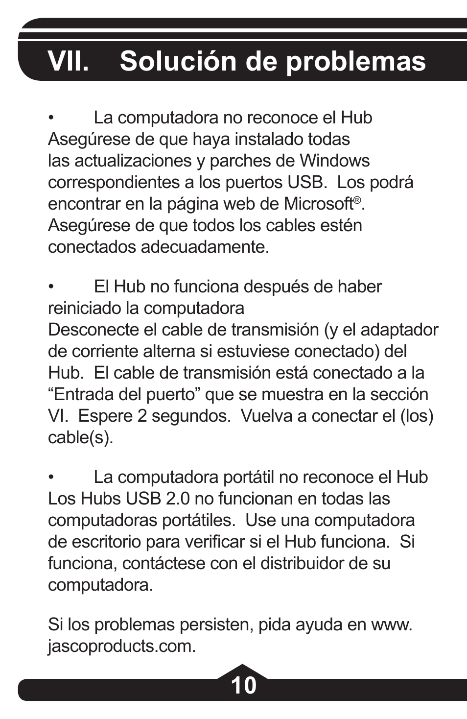 Vii. solución de problemas | GE 97844 GE 4-Port Rotating USB 2.0 Hub Black User Manual | Page 24 / 28