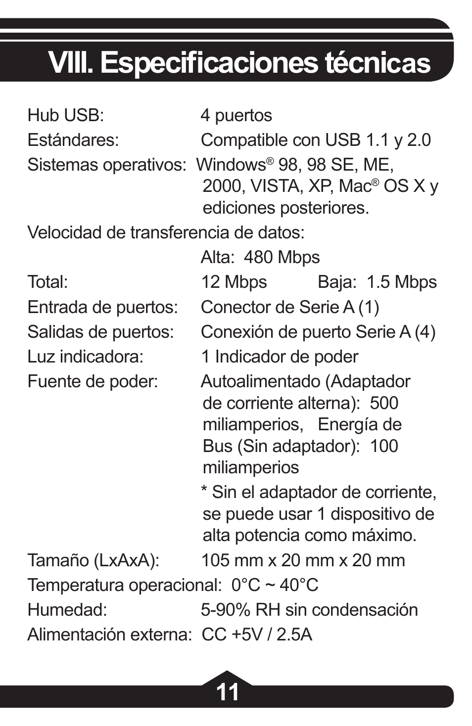 Viii. especificaciones técni | GE 97844 GE 4-Port Rotating USB 2.0 Hub Black User Manual | Page 25 / 28