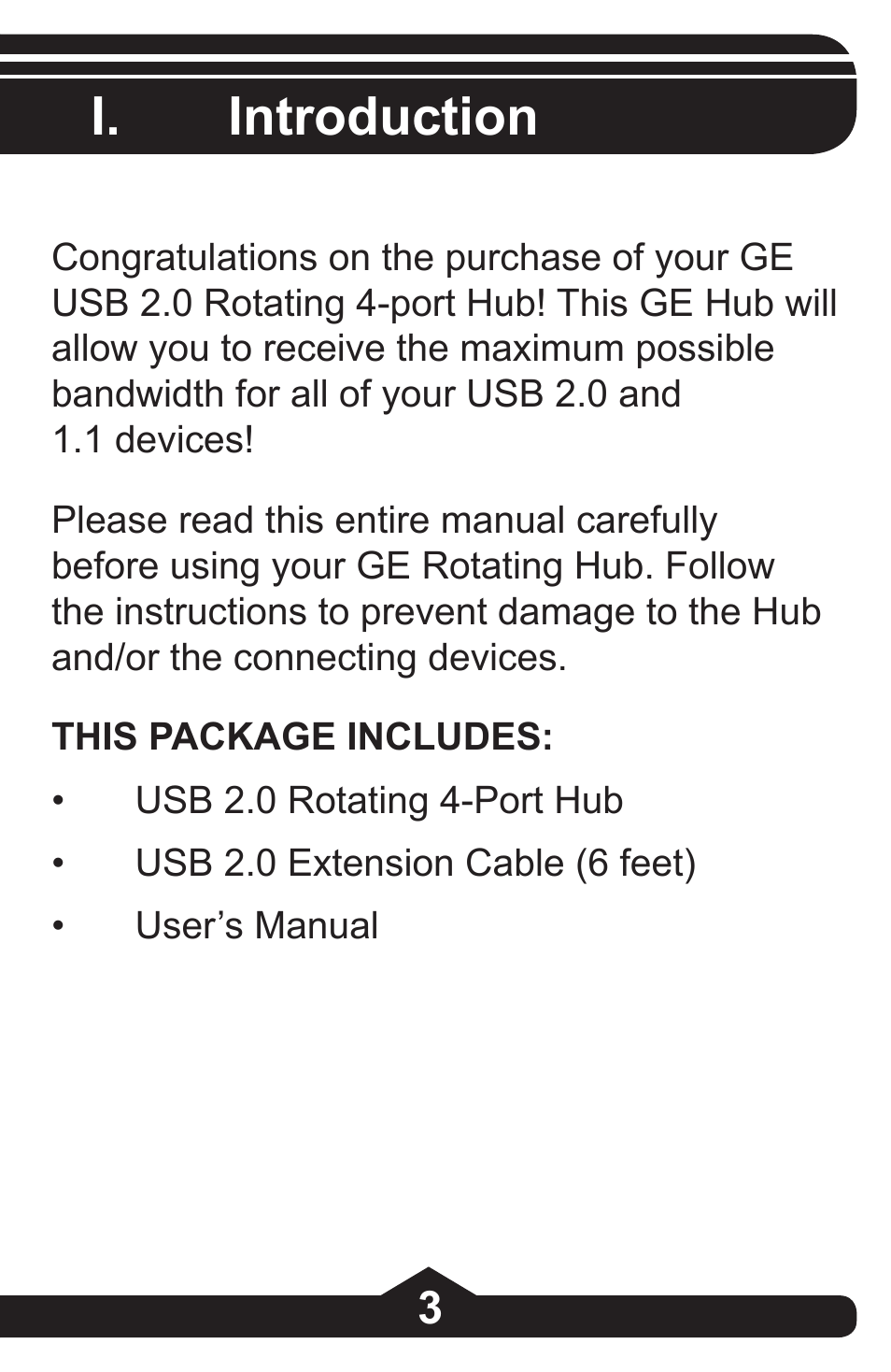 I. introduction | GE 97844 GE 4-Port Rotating USB 2.0 Hub Black User Manual | Page 3 / 28