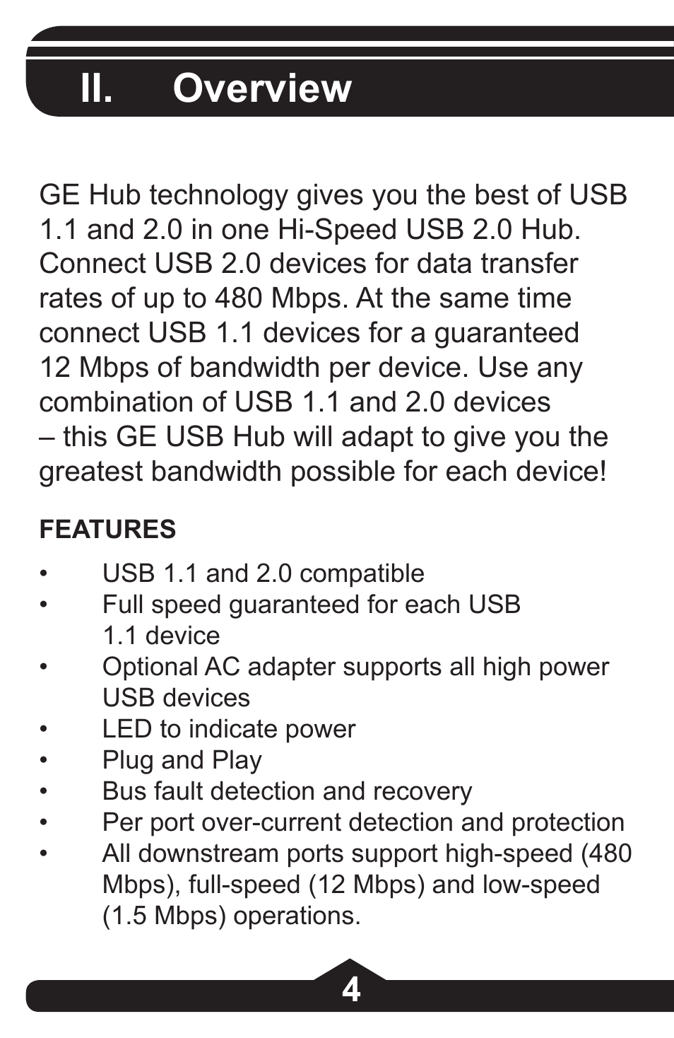 Ii. overview | GE 97844 GE 4-Port Rotating USB 2.0 Hub Black User Manual | Page 4 / 28