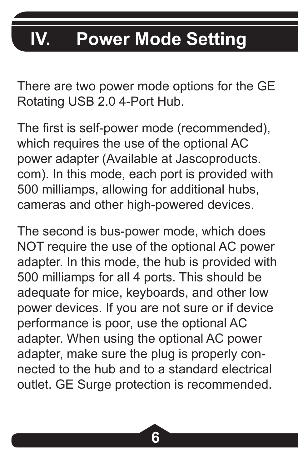 Iv. power mode setting | GE 97844 GE 4-Port Rotating USB 2.0 Hub Black User Manual | Page 6 / 28