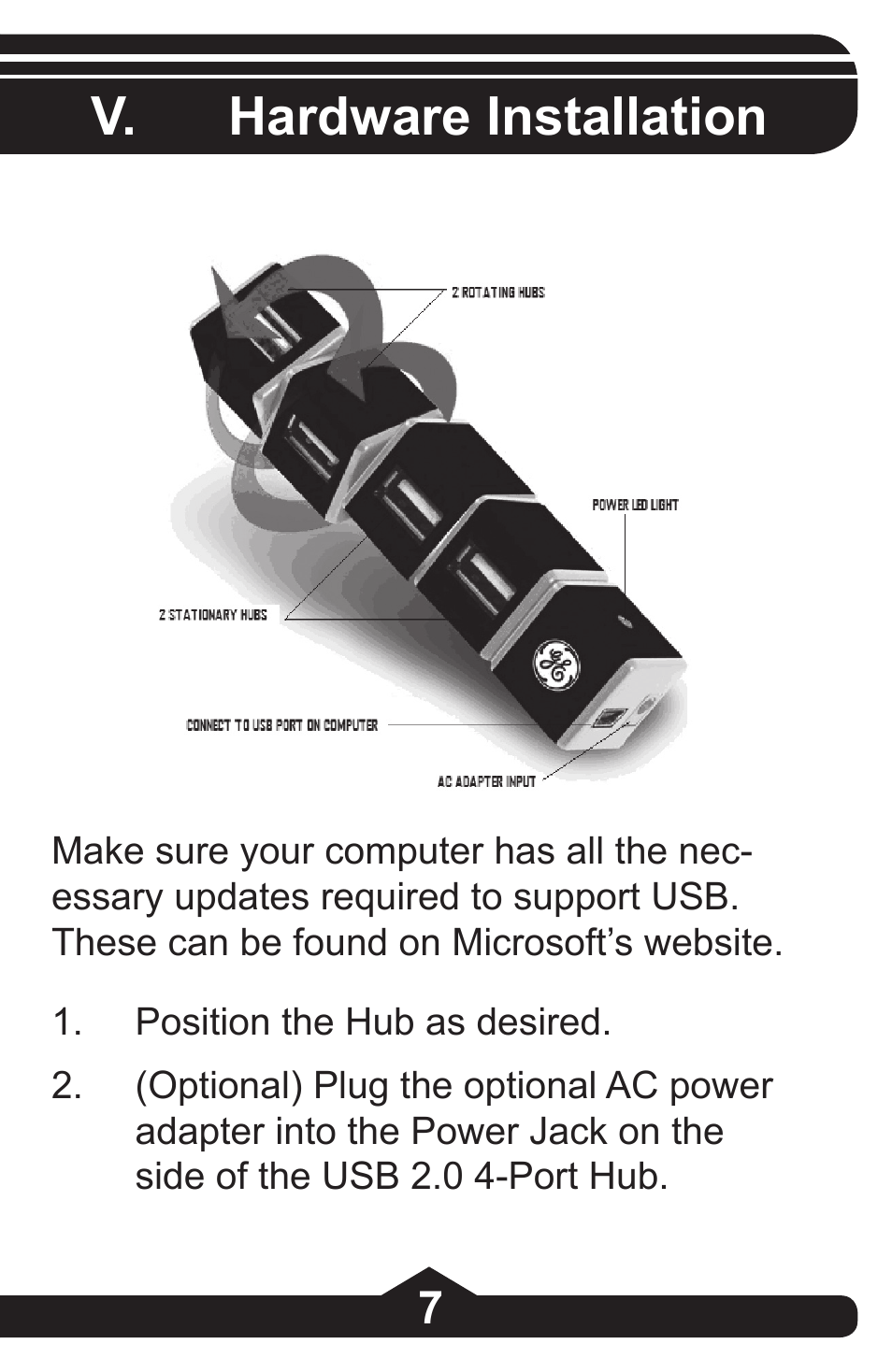 V. hardware installation | GE 97844 GE 4-Port Rotating USB 2.0 Hub Black User Manual | Page 7 / 28