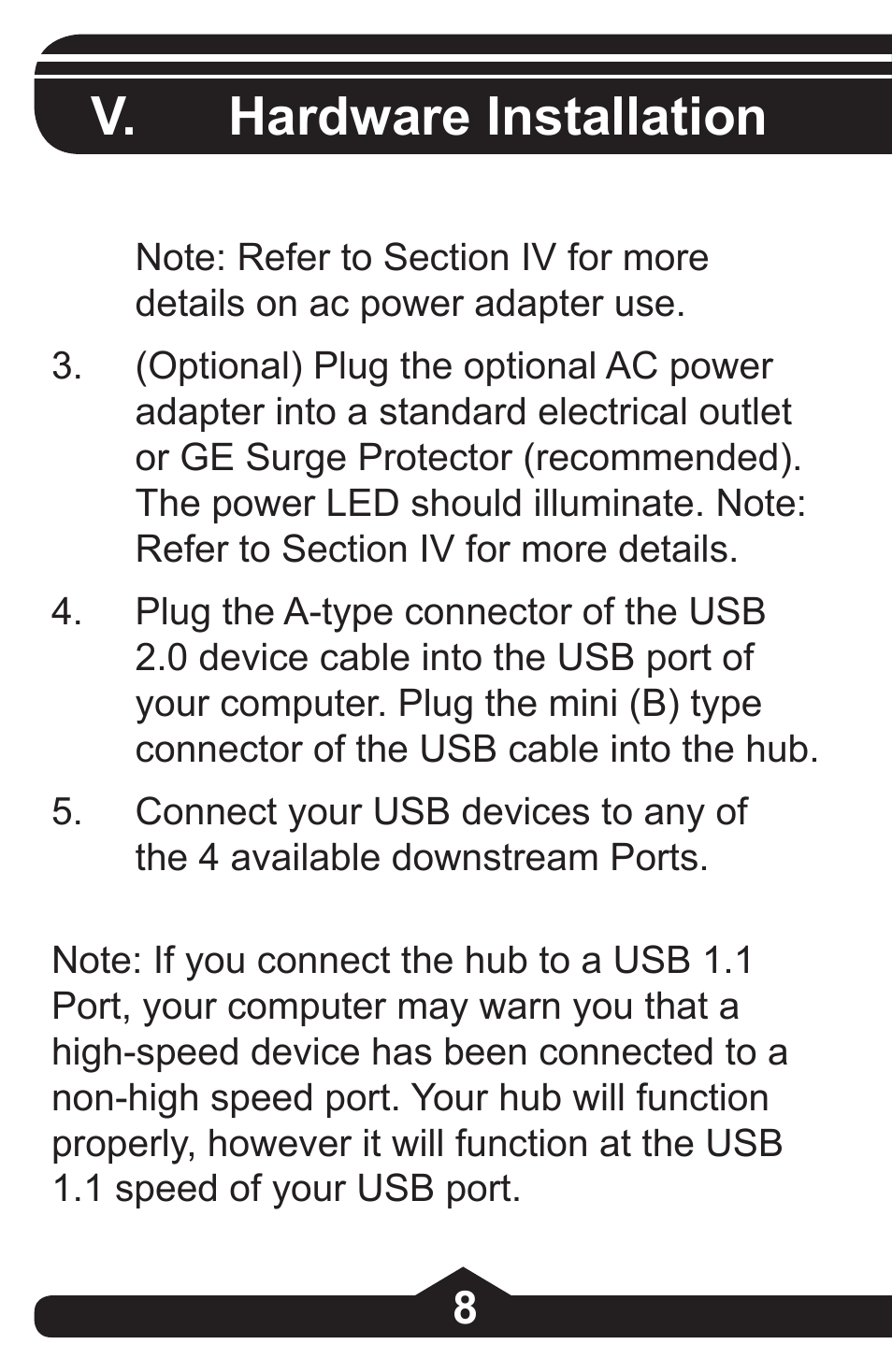 V. hardware installation | GE 97844 GE 4-Port Rotating USB 2.0 Hub Black User Manual | Page 8 / 28