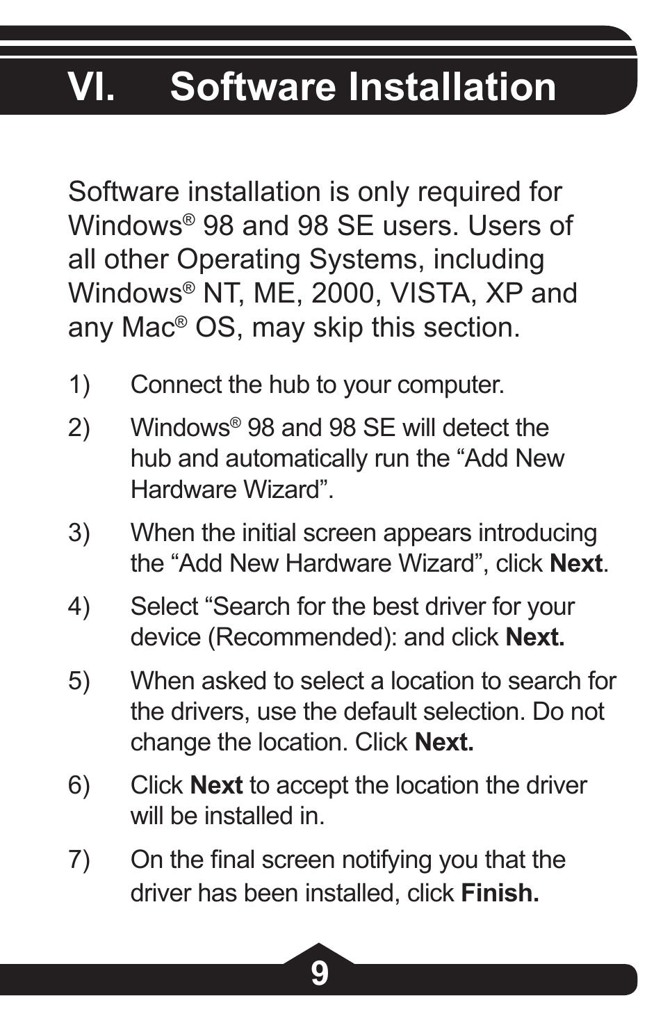 Vi. software installation | GE 97844 GE 4-Port Rotating USB 2.0 Hub Black User Manual | Page 9 / 28