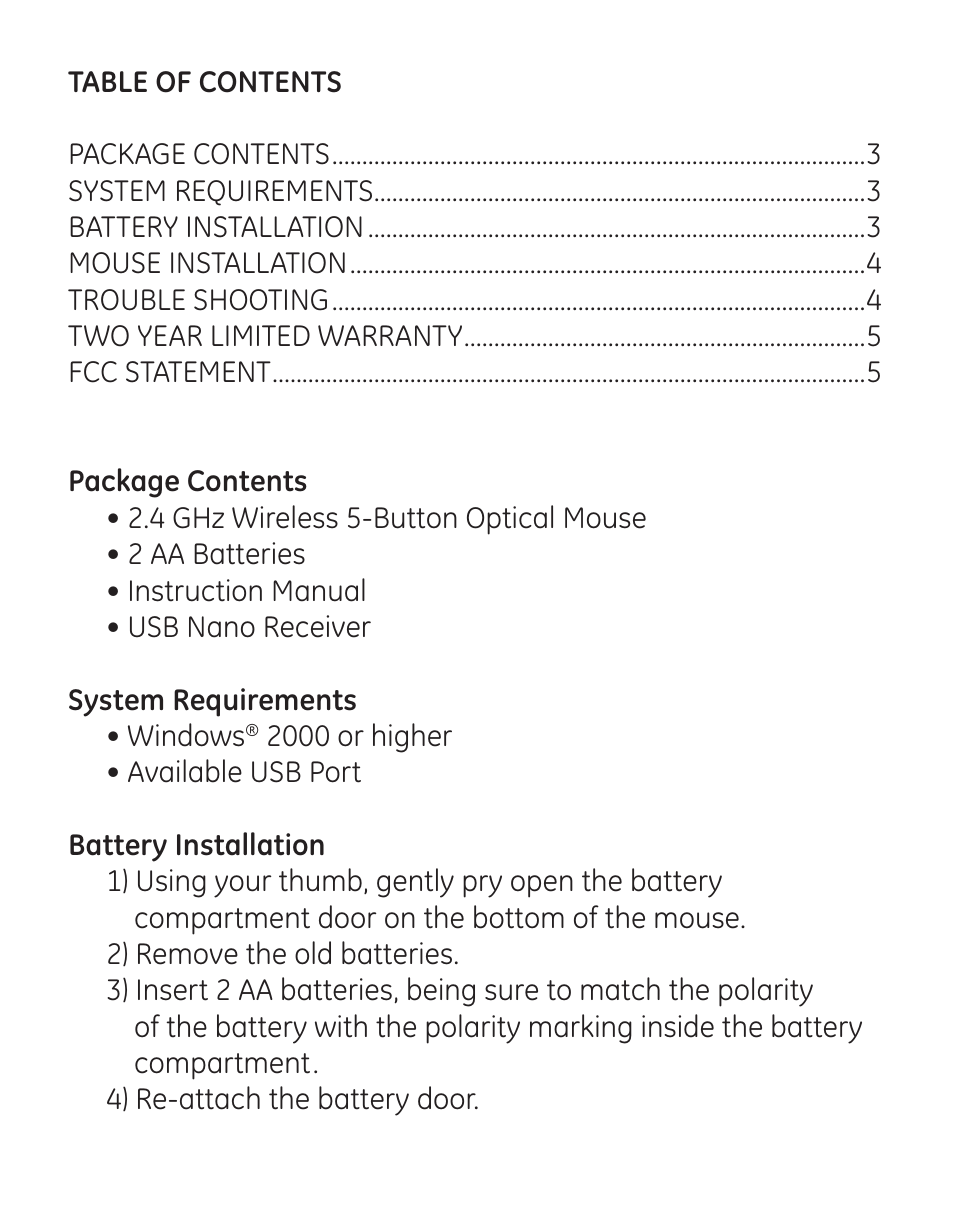 GE 98543 GE 2.4 GHz Wireless 5-Button Mouse User Manual | Page 2 / 5