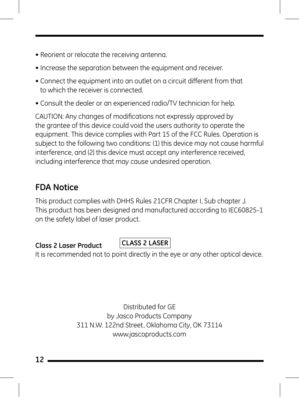 Fda notice | GE 98505 GE Wireless Mini Presentation Mouse User Manual | Page 12 / 12